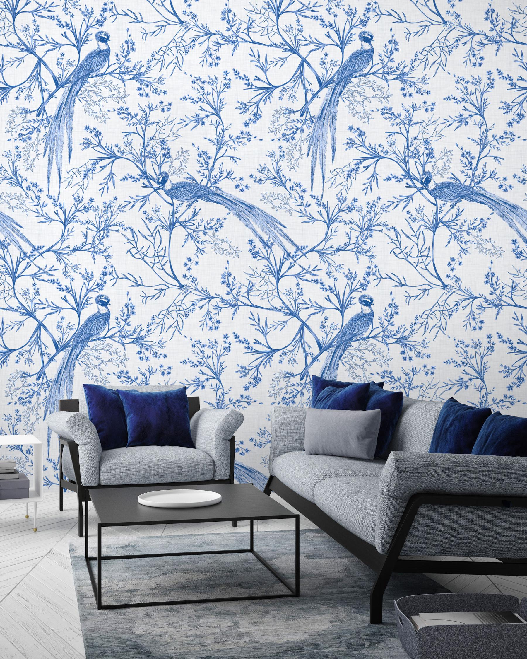 Chinoiserie Bird and Blossom Pattern Wallpaper Mural