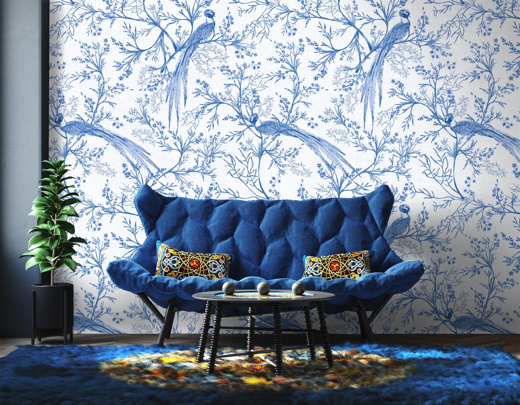 Chinoiserie Bird and Blossom Pattern Wallpaper Mural