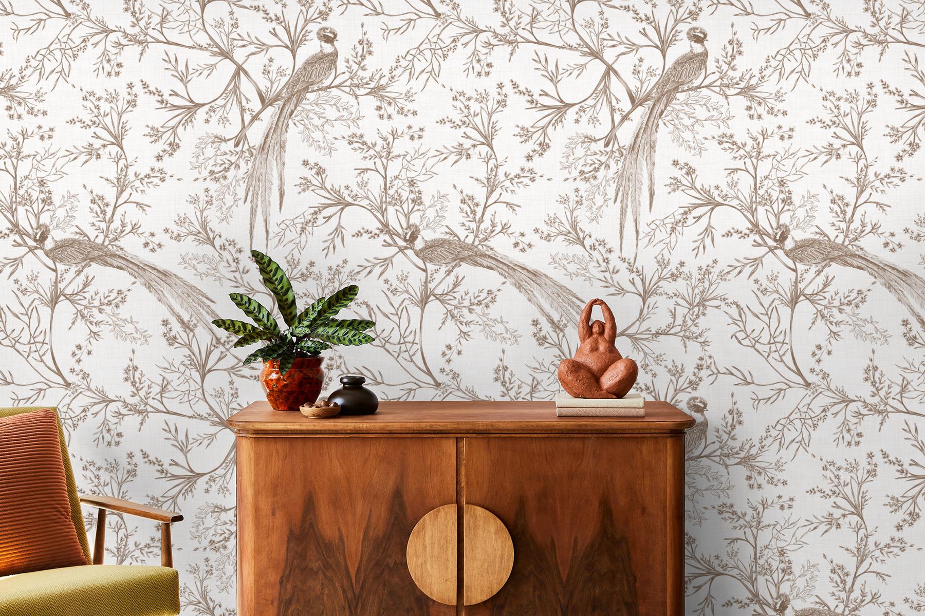 Chinoiserie Bird and Blossom Pattern Wallpaper Mural