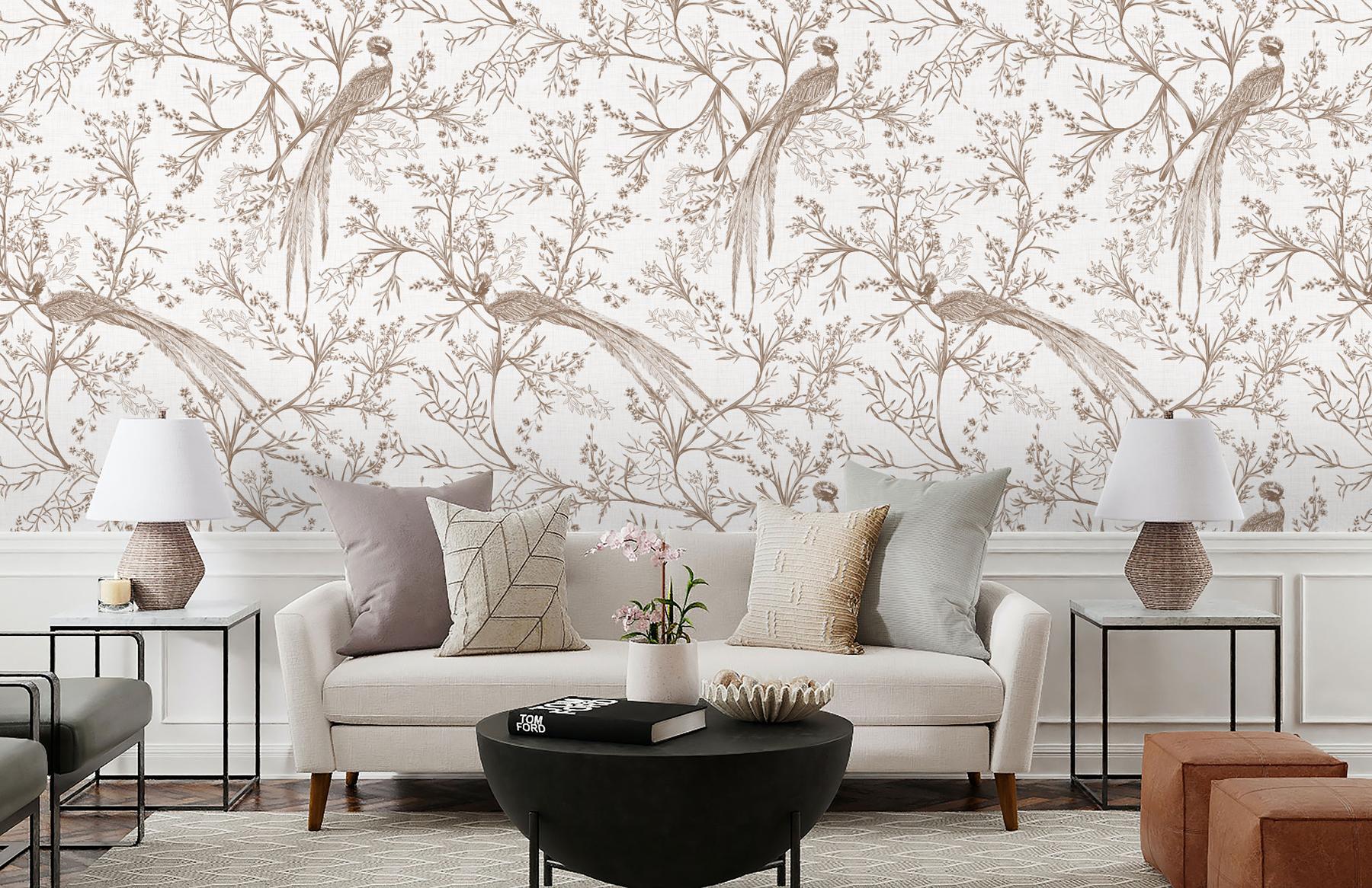 Chinoiserie Bird and Blossom Pattern Wallpaper Mural