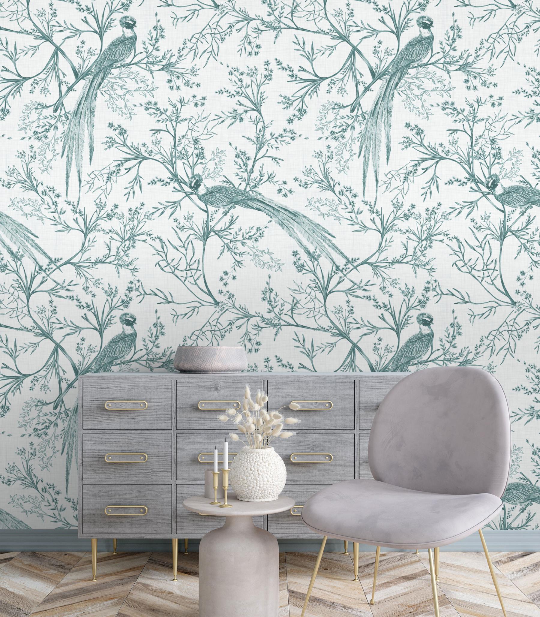 Chinoiserie Bird and Blossom Pattern Wallpaper Mural