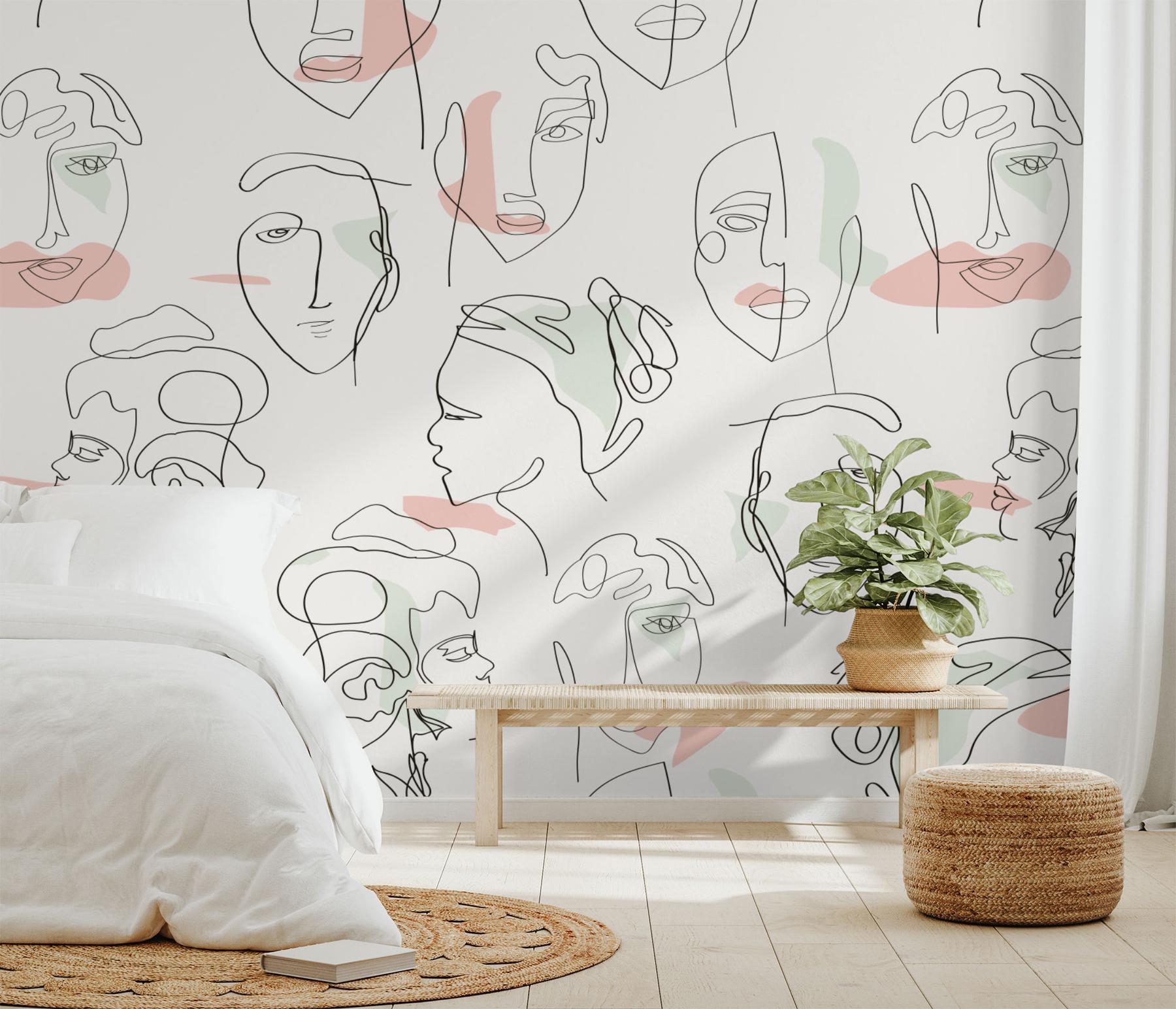 Abstract Faces Line Art Minimalist Wallpaper Mural