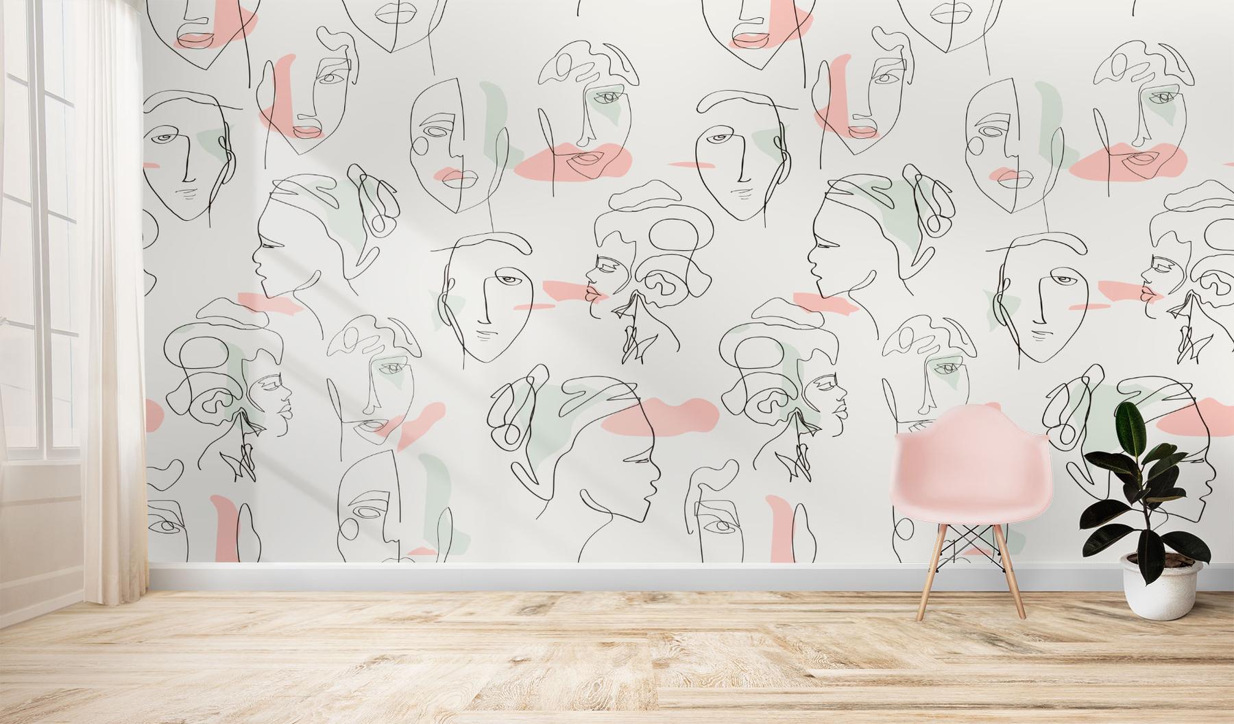 Abstract Faces Line Art Minimalist Wallpaper Mural