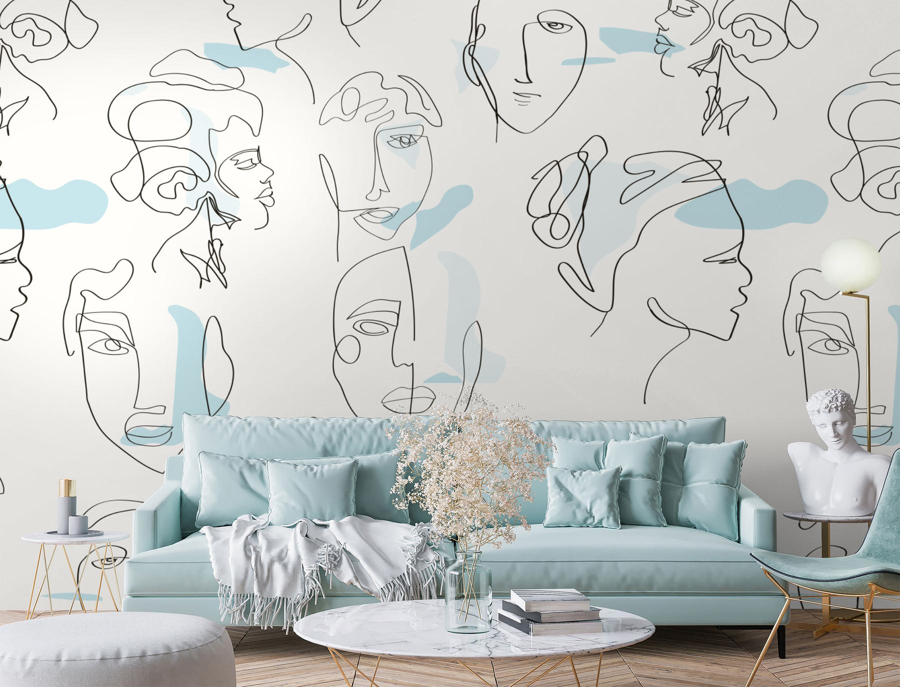Abstract Faces Line Art Minimalist Wallpaper Mural