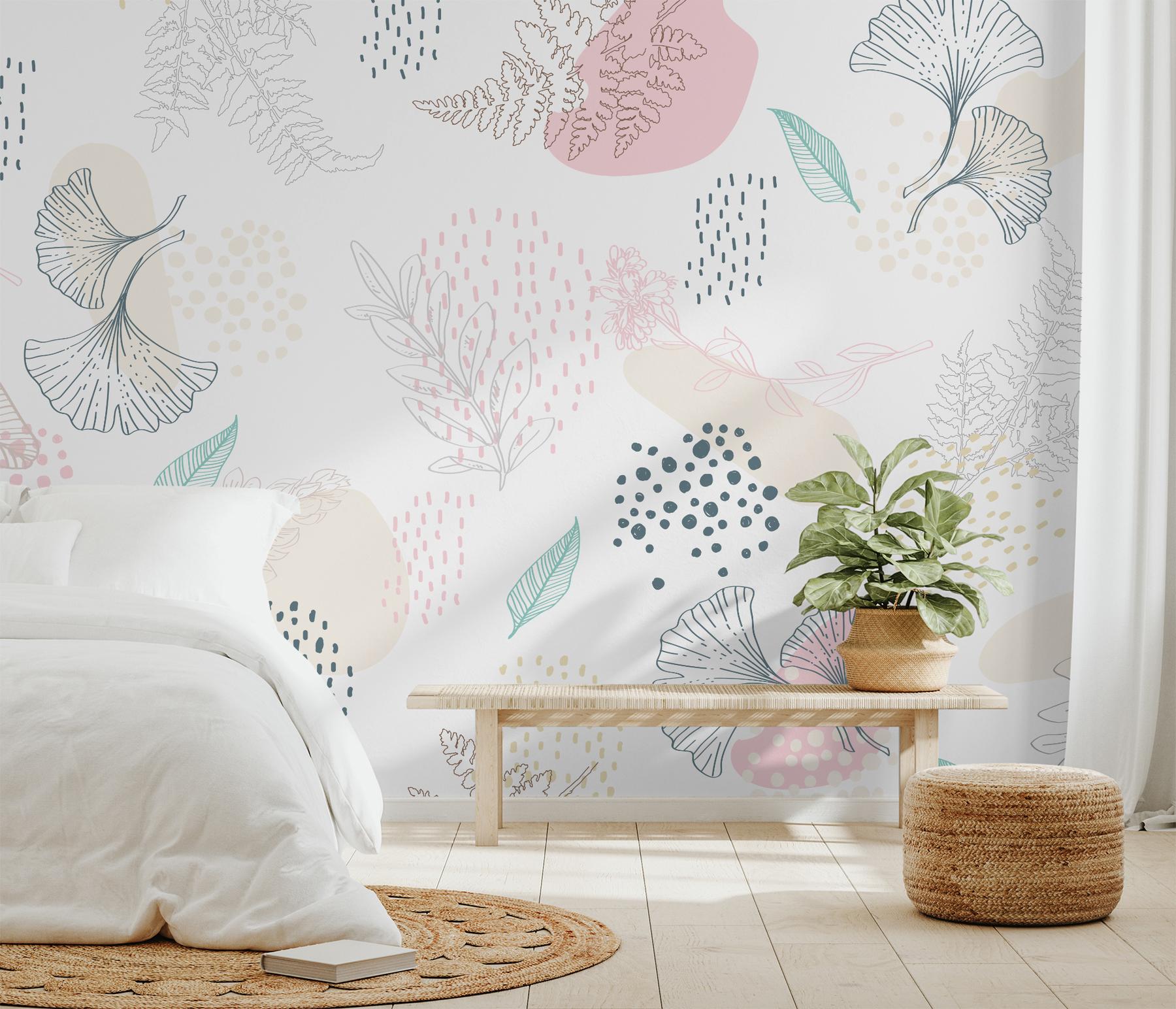 Abstract Hand Drawing Leaves Wallpaper Mural