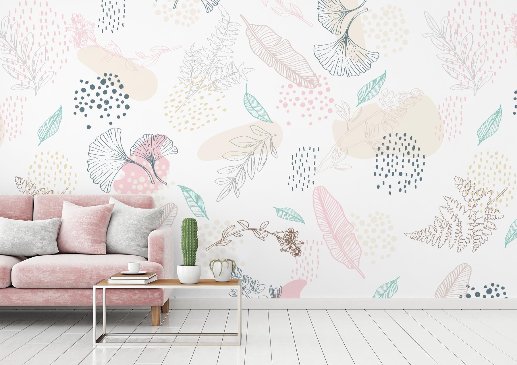 Abstract Hand Drawing Leaves Wallpaper Mural