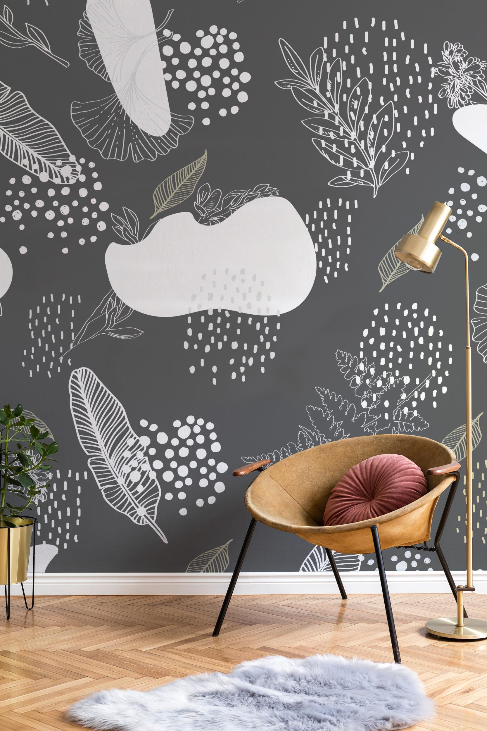 Abstract Hand Drawing Leaves Wallpaper Mural