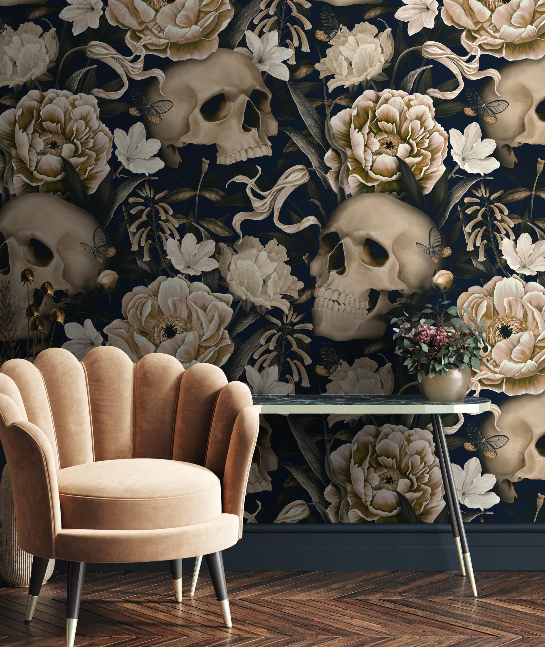 Gothic Floral and Skulls Pattern Wallpaper Mural