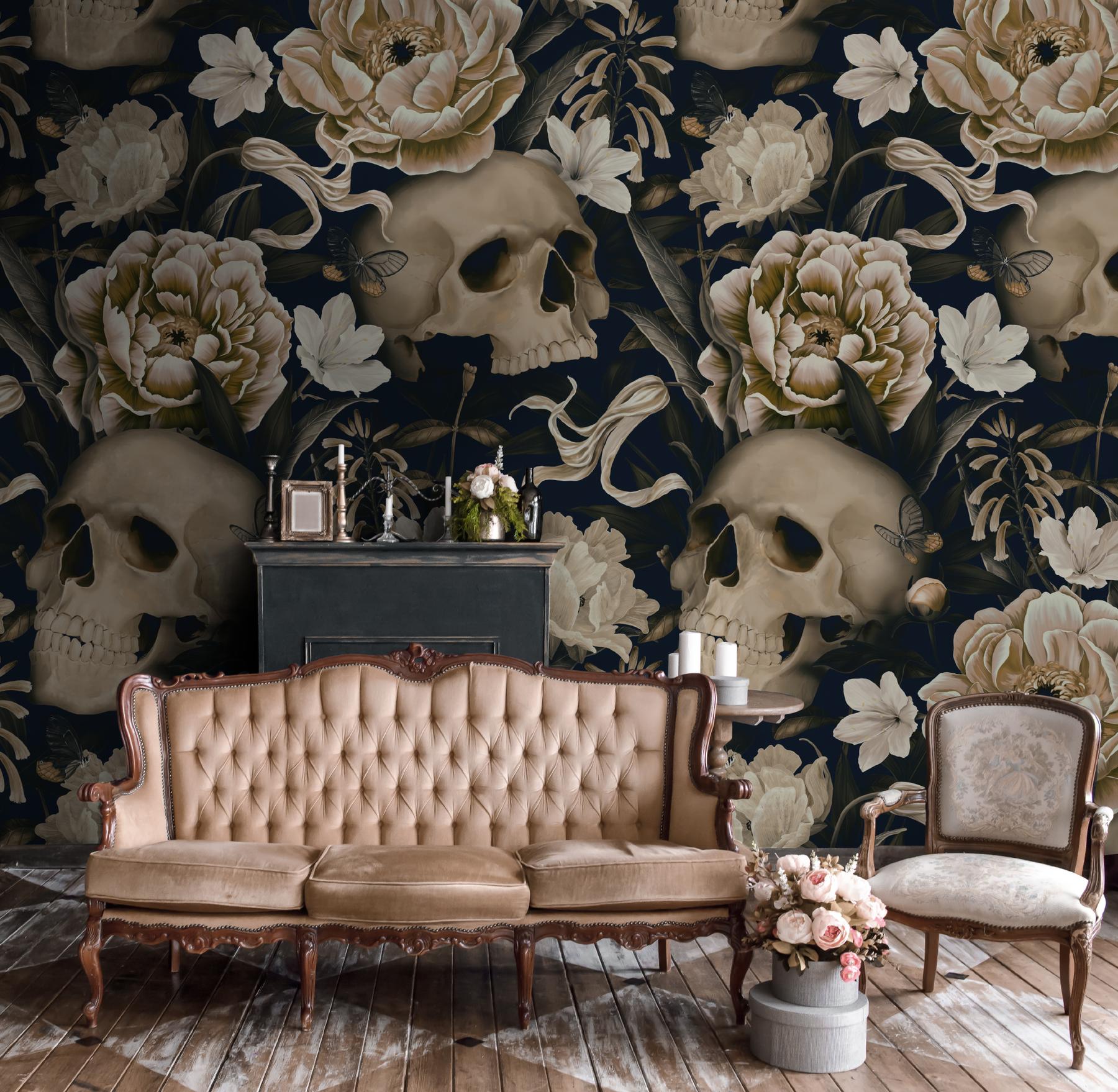 Gothic Floral and Skulls Pattern Wallpaper Mural