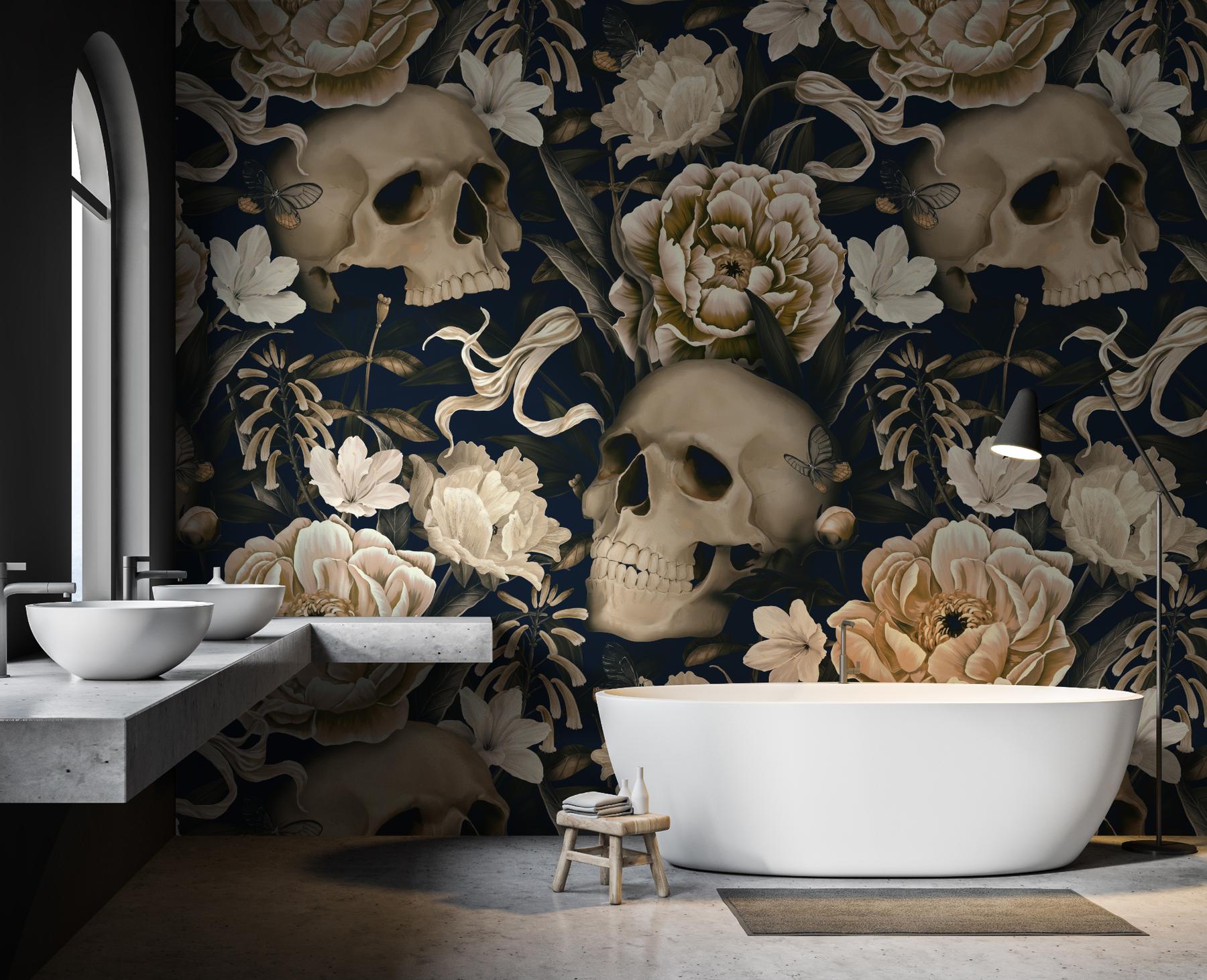 Gothic Floral and Skulls Pattern Wallpaper Mural