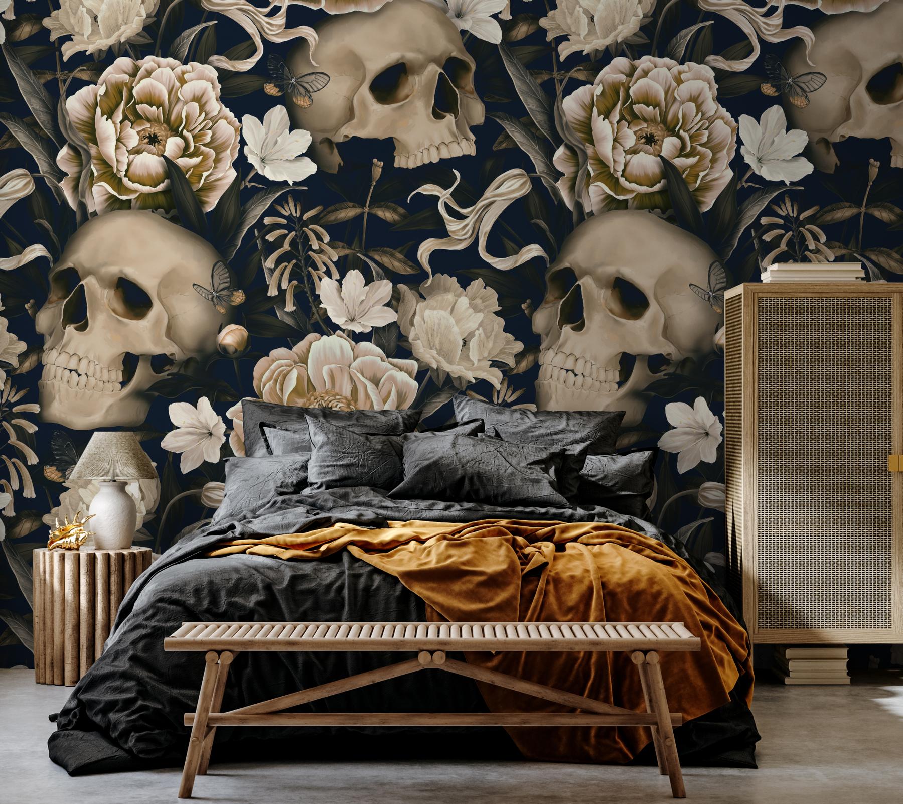 Gothic Floral and Skulls Pattern Wallpaper Mural