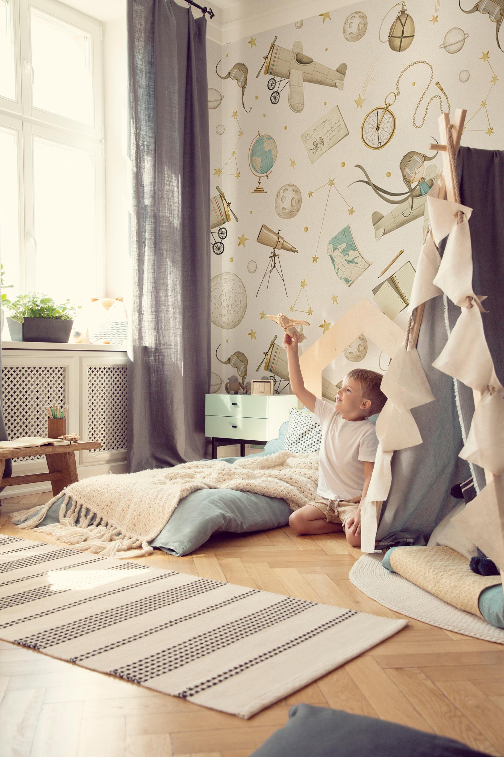 Whimsical Kids Watercolor Airplane with Stars Wallpaper Mural