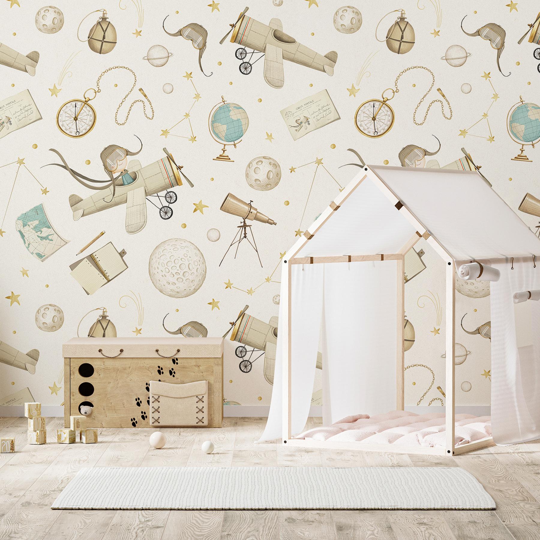 Whimsical Kids Watercolor Airplane with Stars Wallpaper Mural