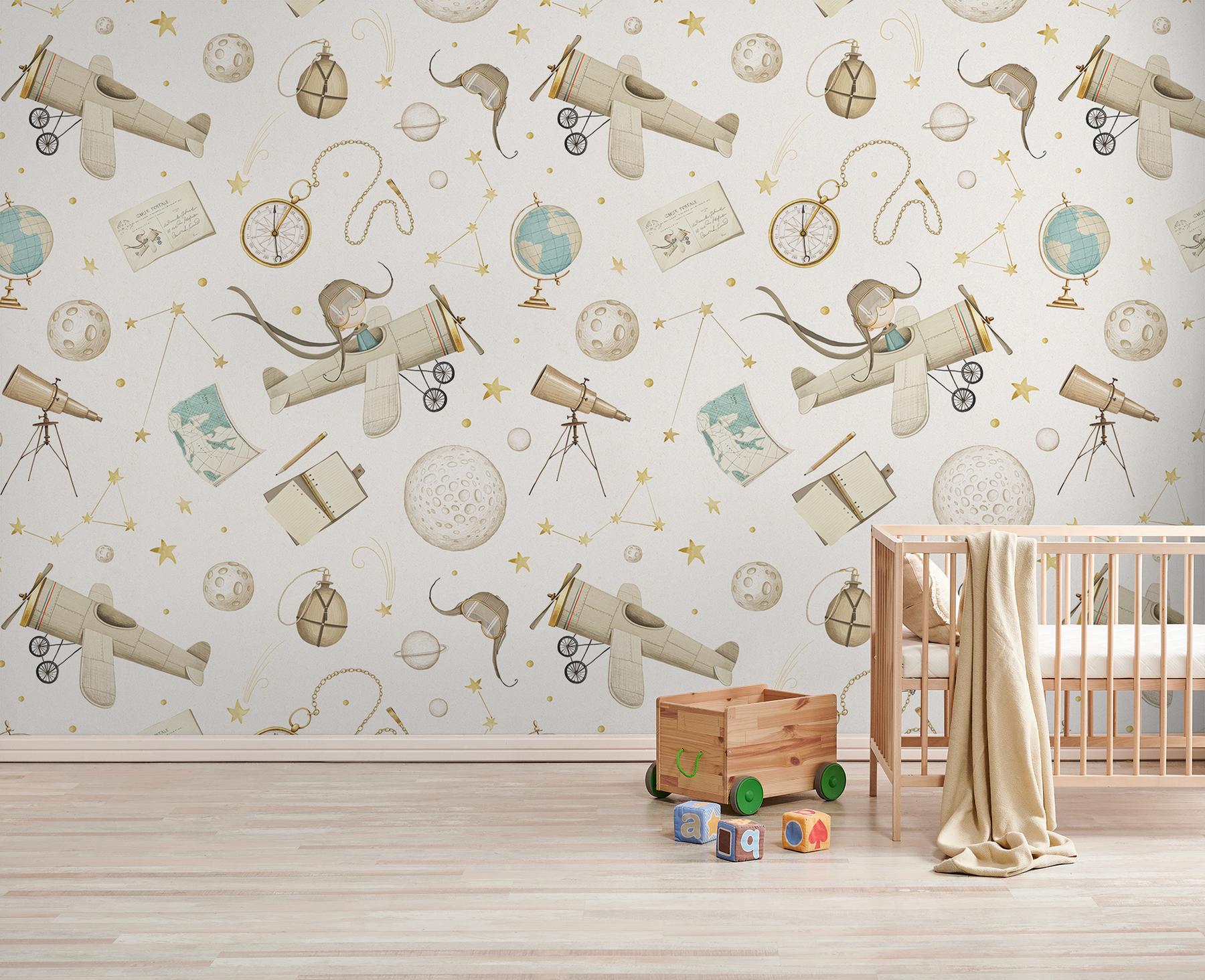 Whimsical Kids Watercolor Airplane with Stars Wallpaper Mural