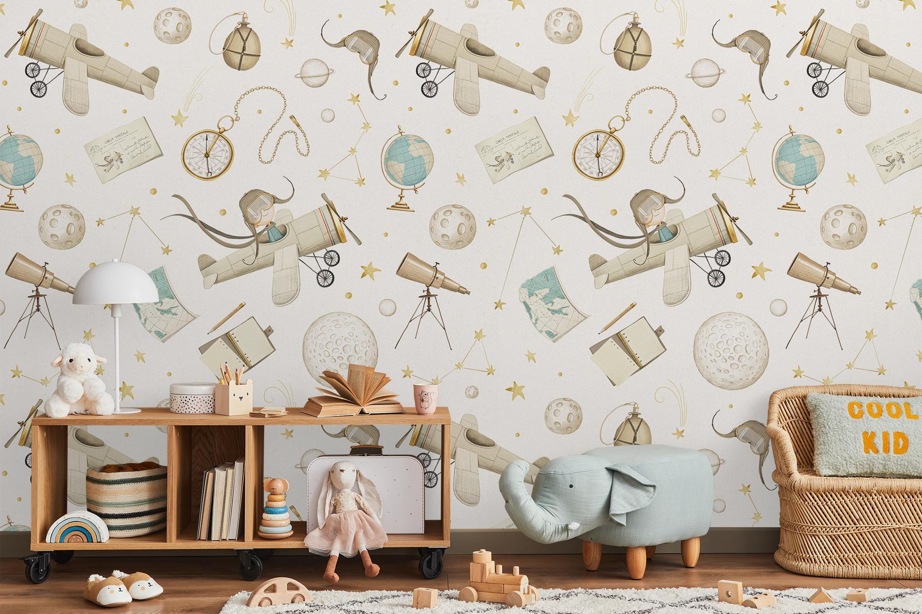 Whimsical Kids Watercolor Airplane with Stars Wallpaper Mural