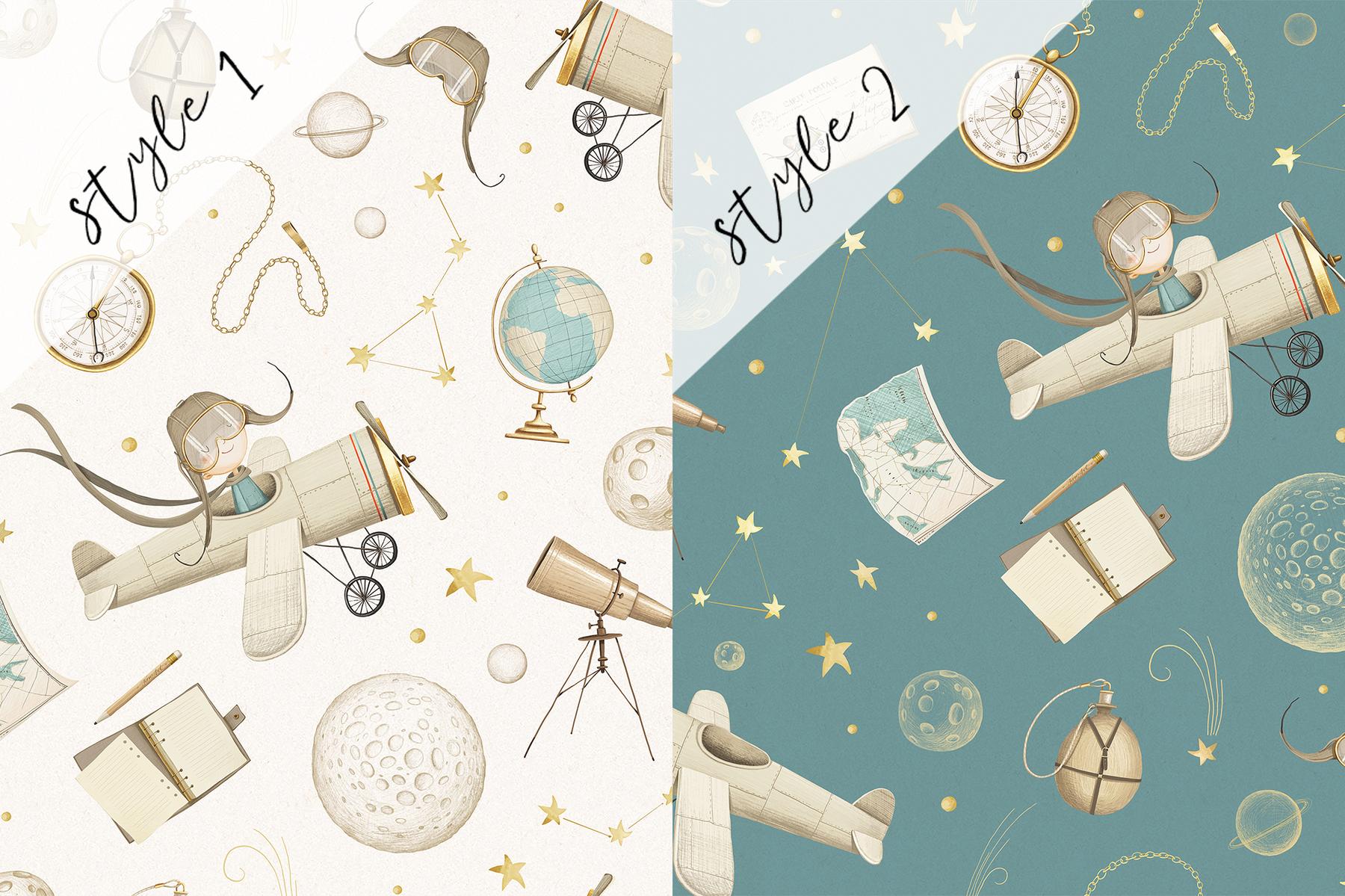 Whimsical Kids Watercolor Airplane with Stars Wallpaper Mural