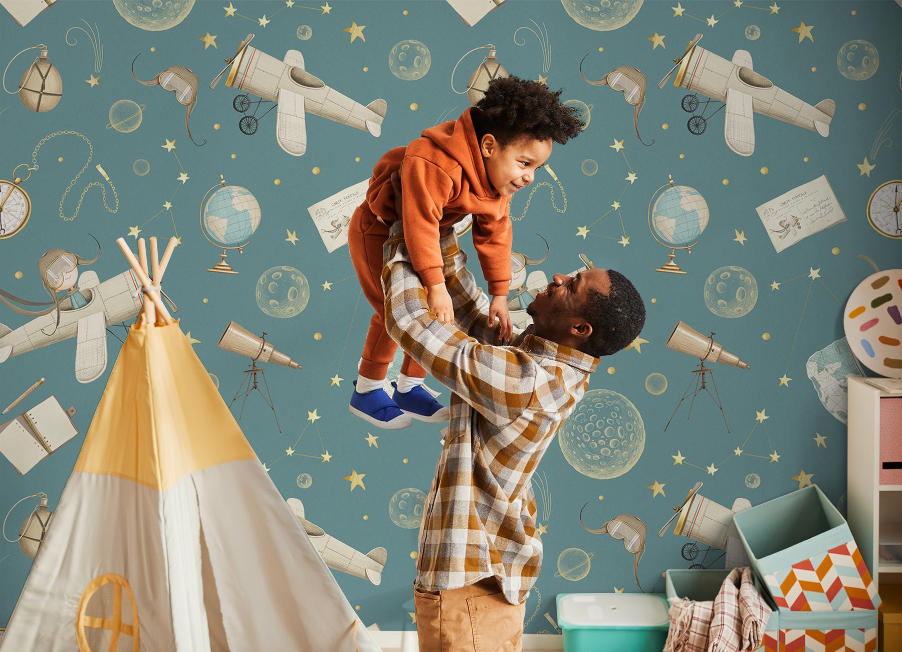 Whimsical Kids Watercolor Airplane with Stars Wallpaper Mural