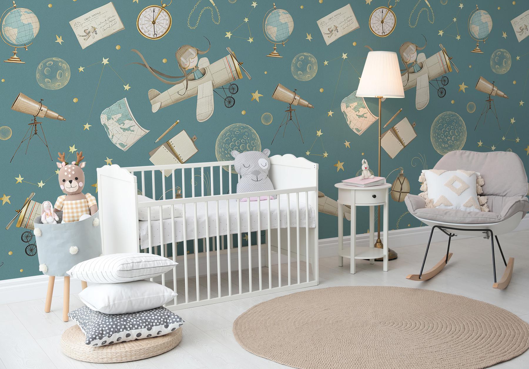 Whimsical Kids Watercolor Airplane with Stars Wallpaper Mural