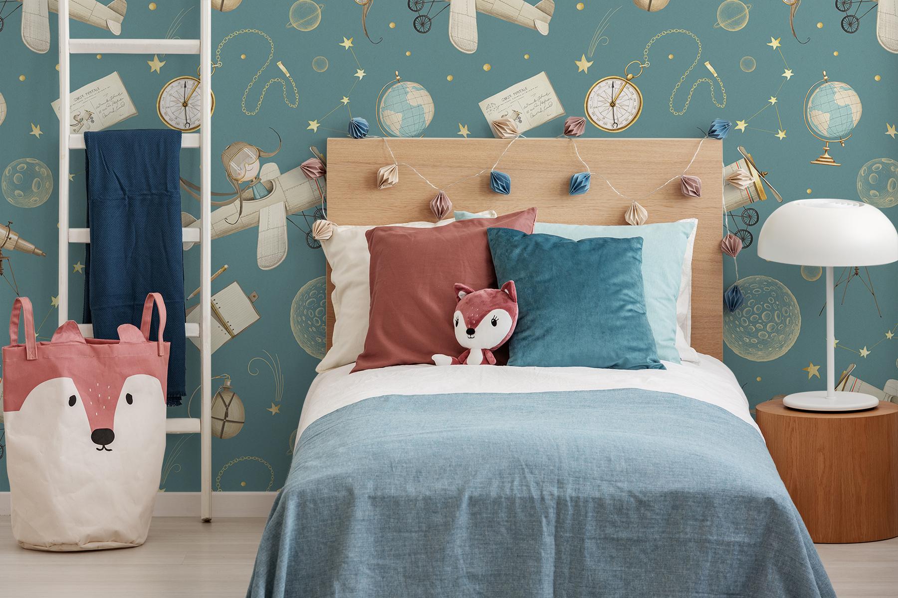 Whimsical Kids Watercolor Airplane with Stars Wallpaper Mural