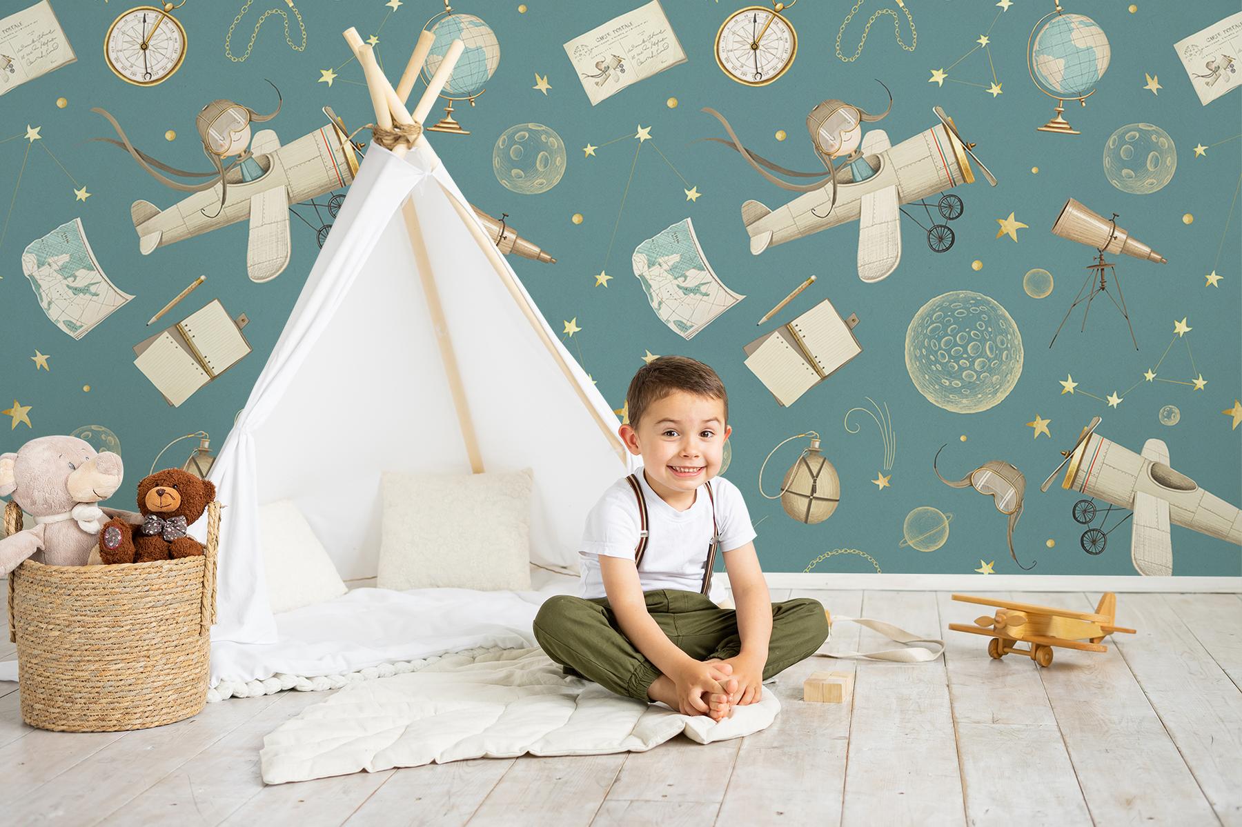 Whimsical Kids Watercolor Airplane with Stars Wallpaper Mural