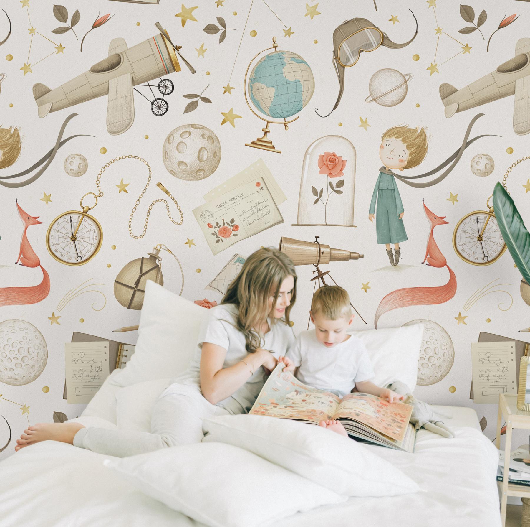 Dreamy Watercolor Nursery Airplane with Stars Wallpaper Mural