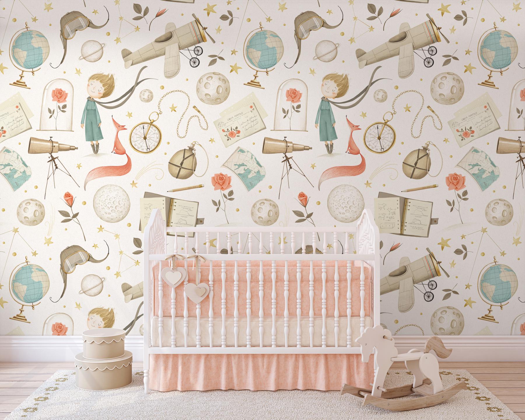 Dreamy Watercolor Nursery Airplane with Stars Wallpaper Mural