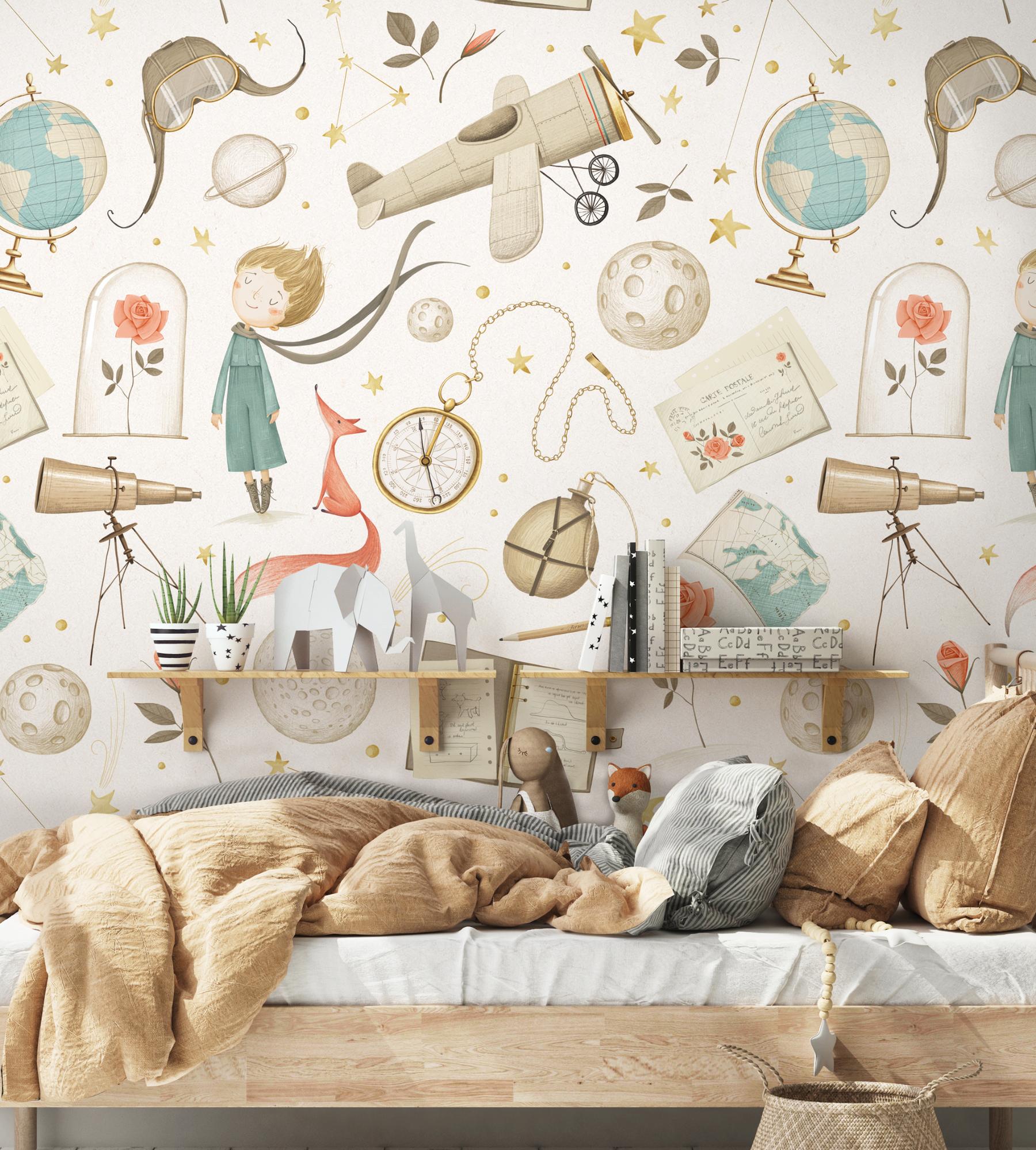 Dreamy Watercolor Nursery Airplane with Stars Wallpaper Mural