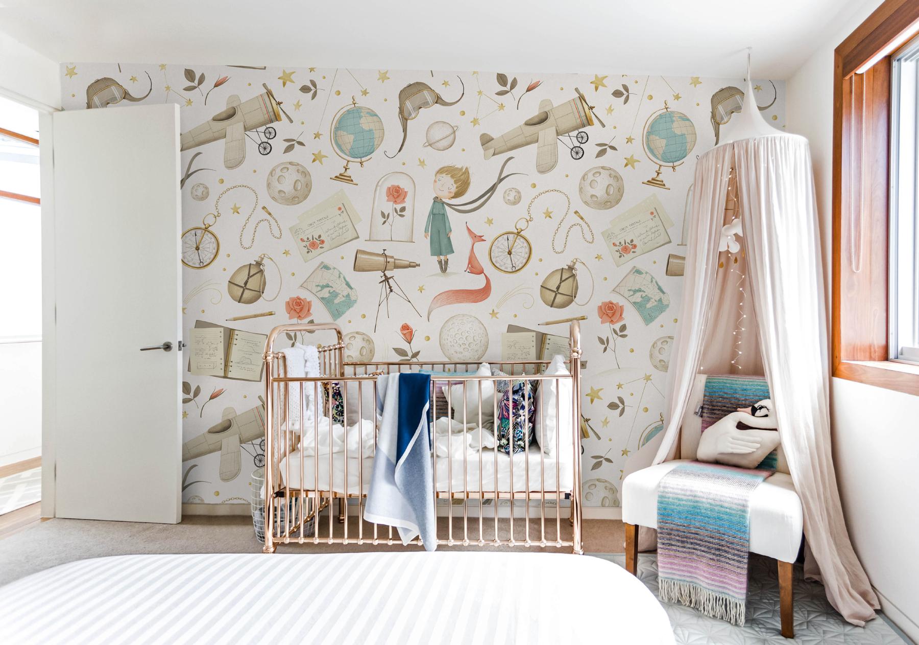 Dreamy Watercolor Nursery Airplane with Stars Wallpaper Mural