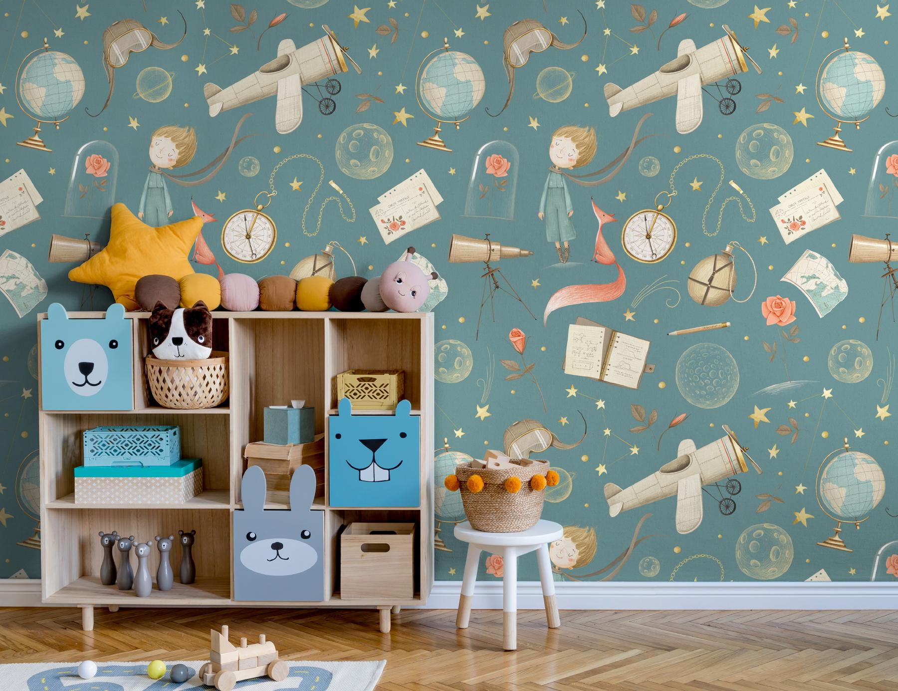 Dreamy Watercolor Nursery Airplane with Stars Wallpaper Mural