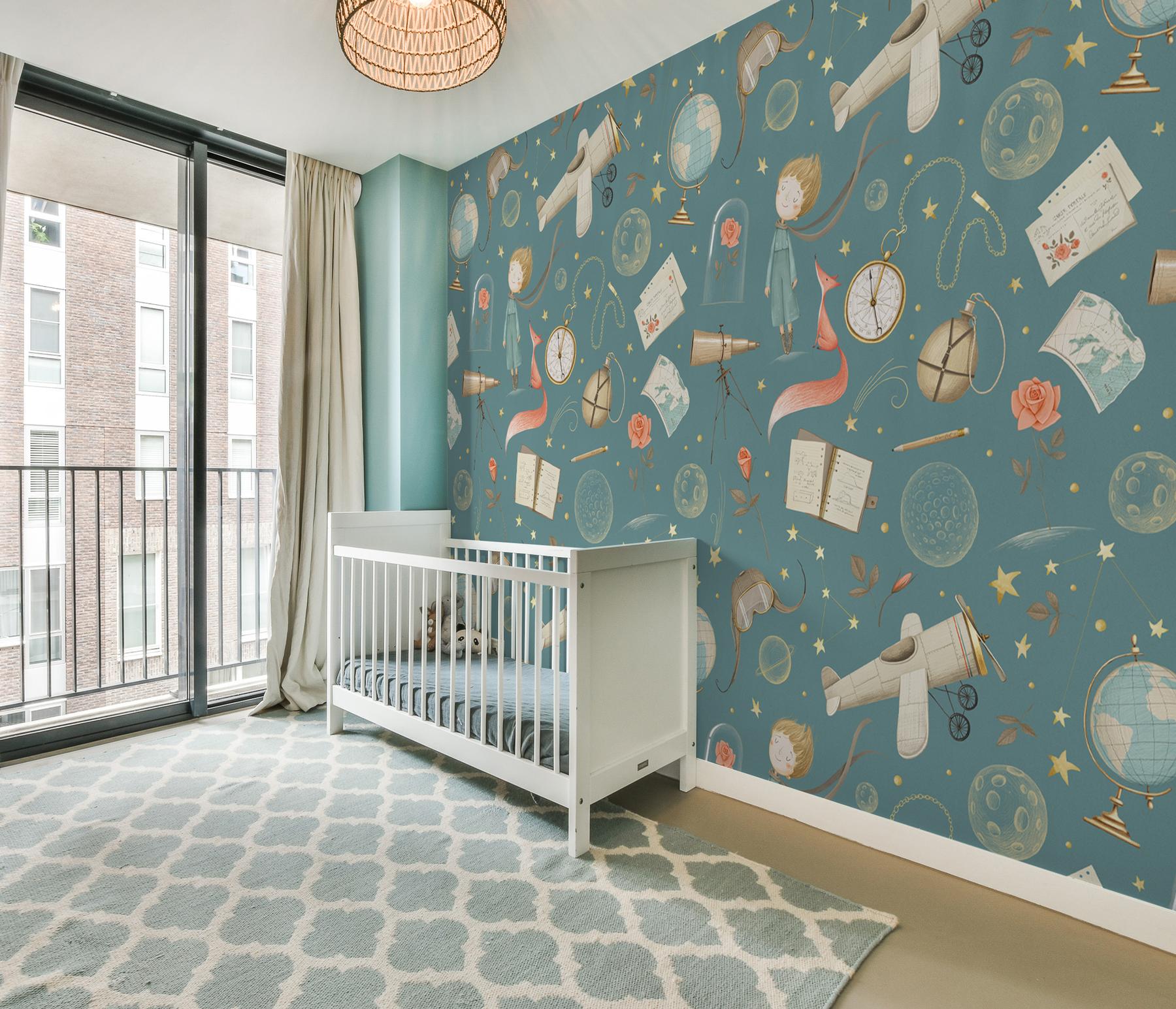 Dreamy Watercolor Nursery Airplane with Stars Wallpaper Mural