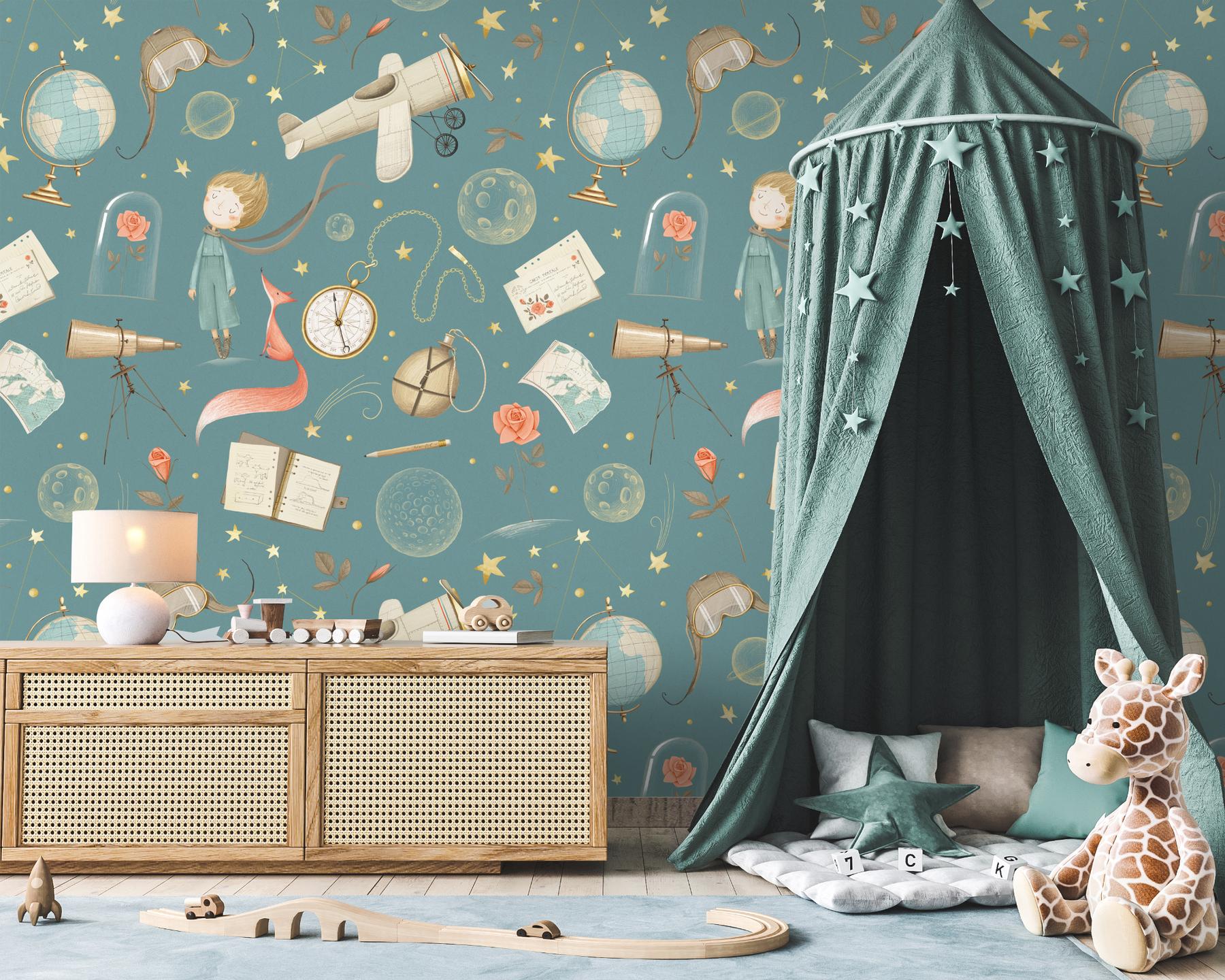 Dreamy Watercolor Nursery Airplane with Stars Wallpaper Mural