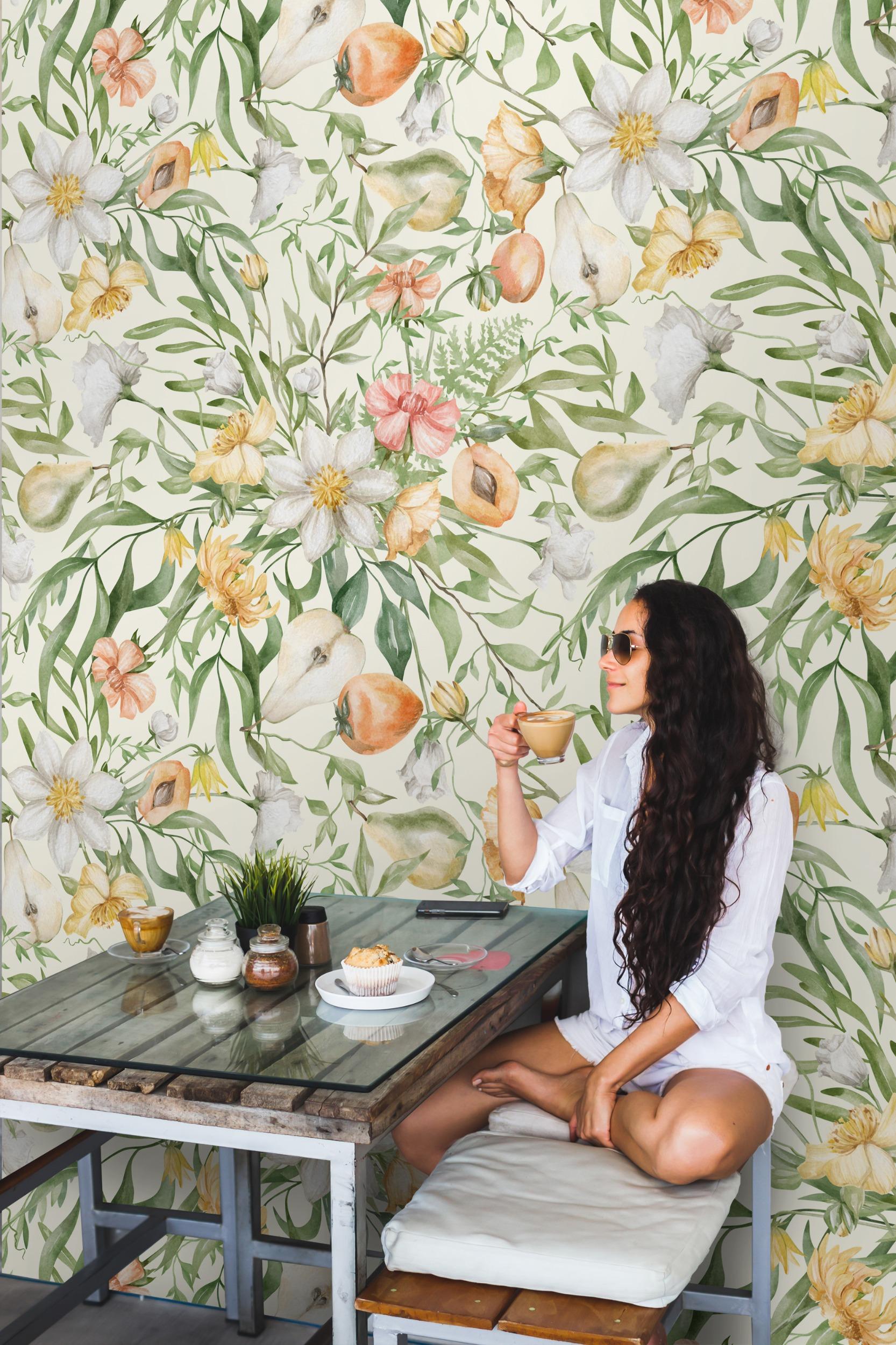 Delicate Springtime Flowers with Fruits Wallpaper Mural