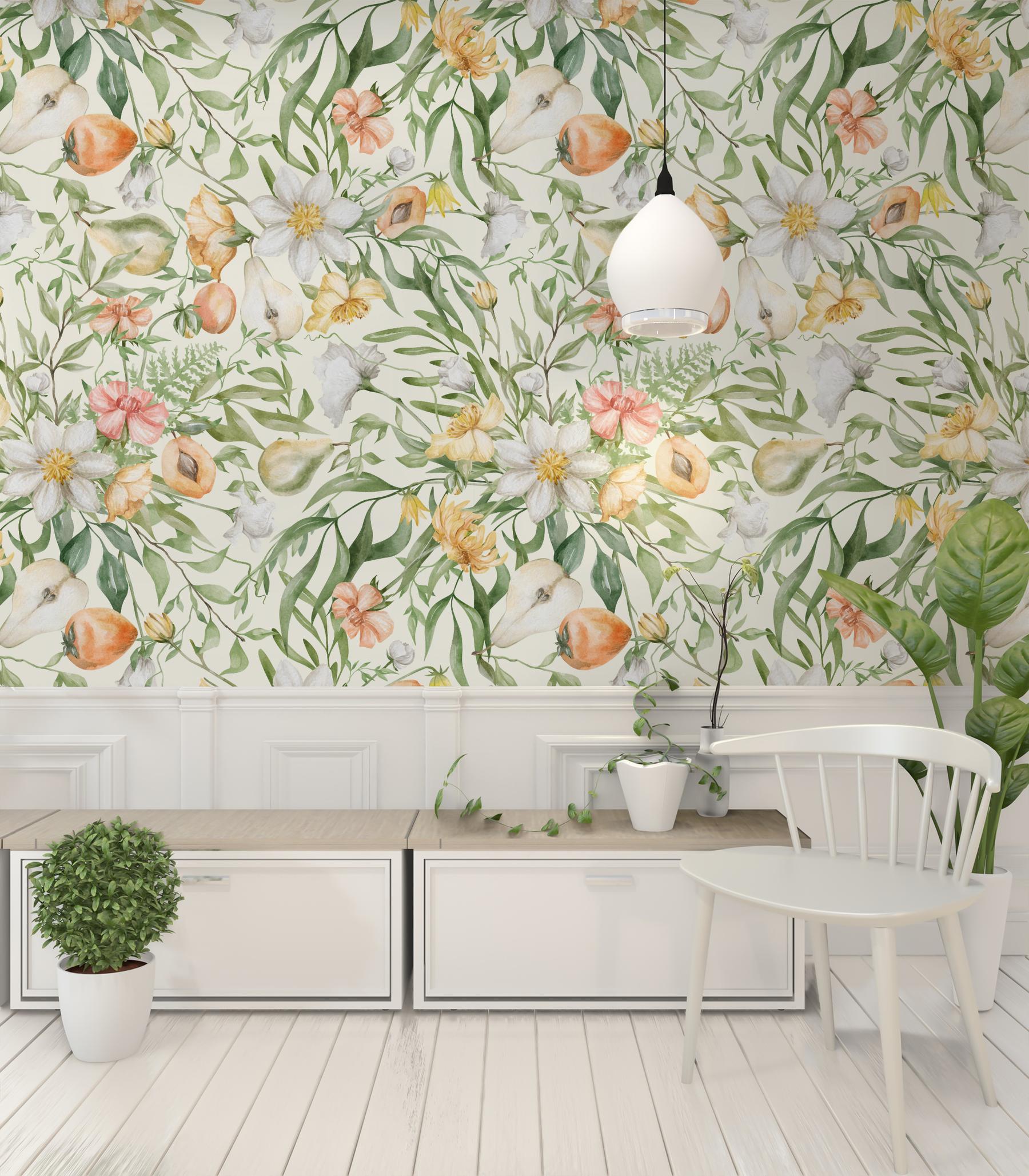 Delicate Springtime Flowers with Fruits Wallpaper Mural
