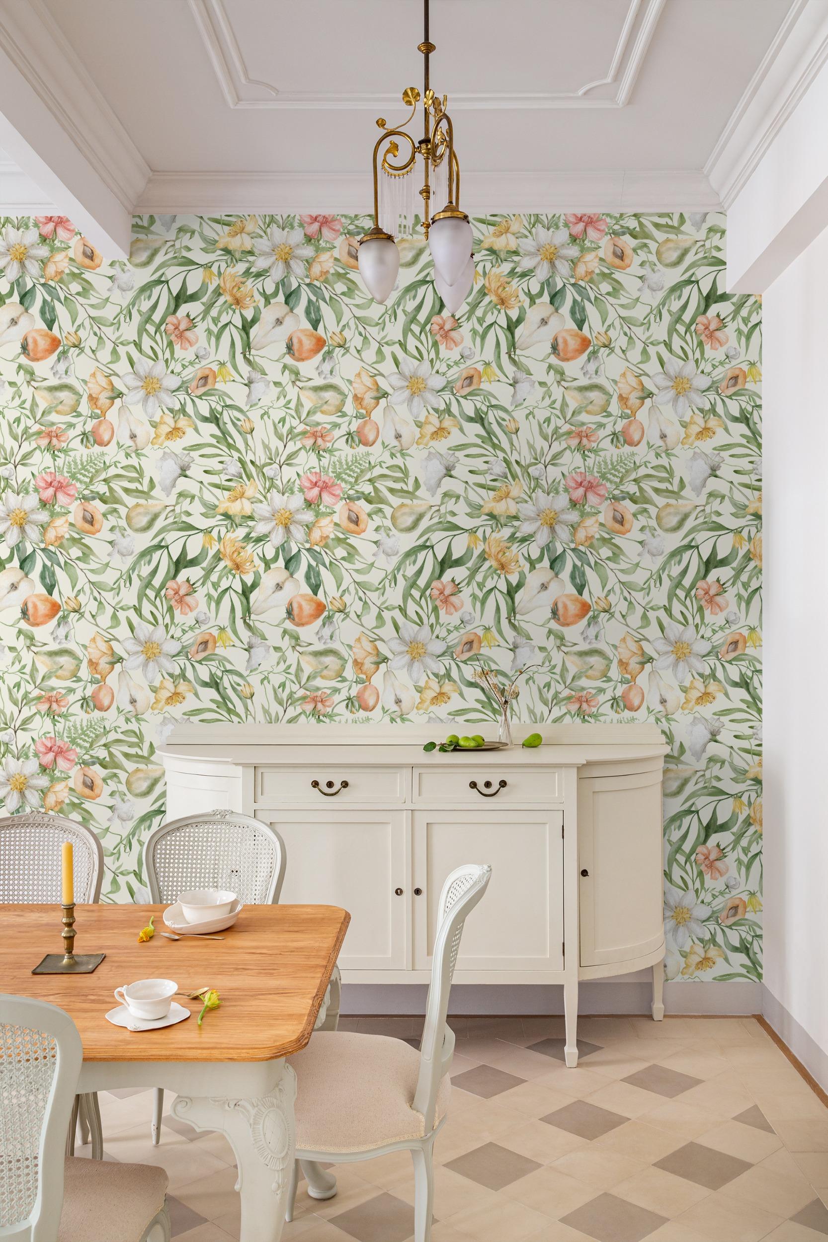Delicate Springtime Flowers with Fruits Wallpaper Mural