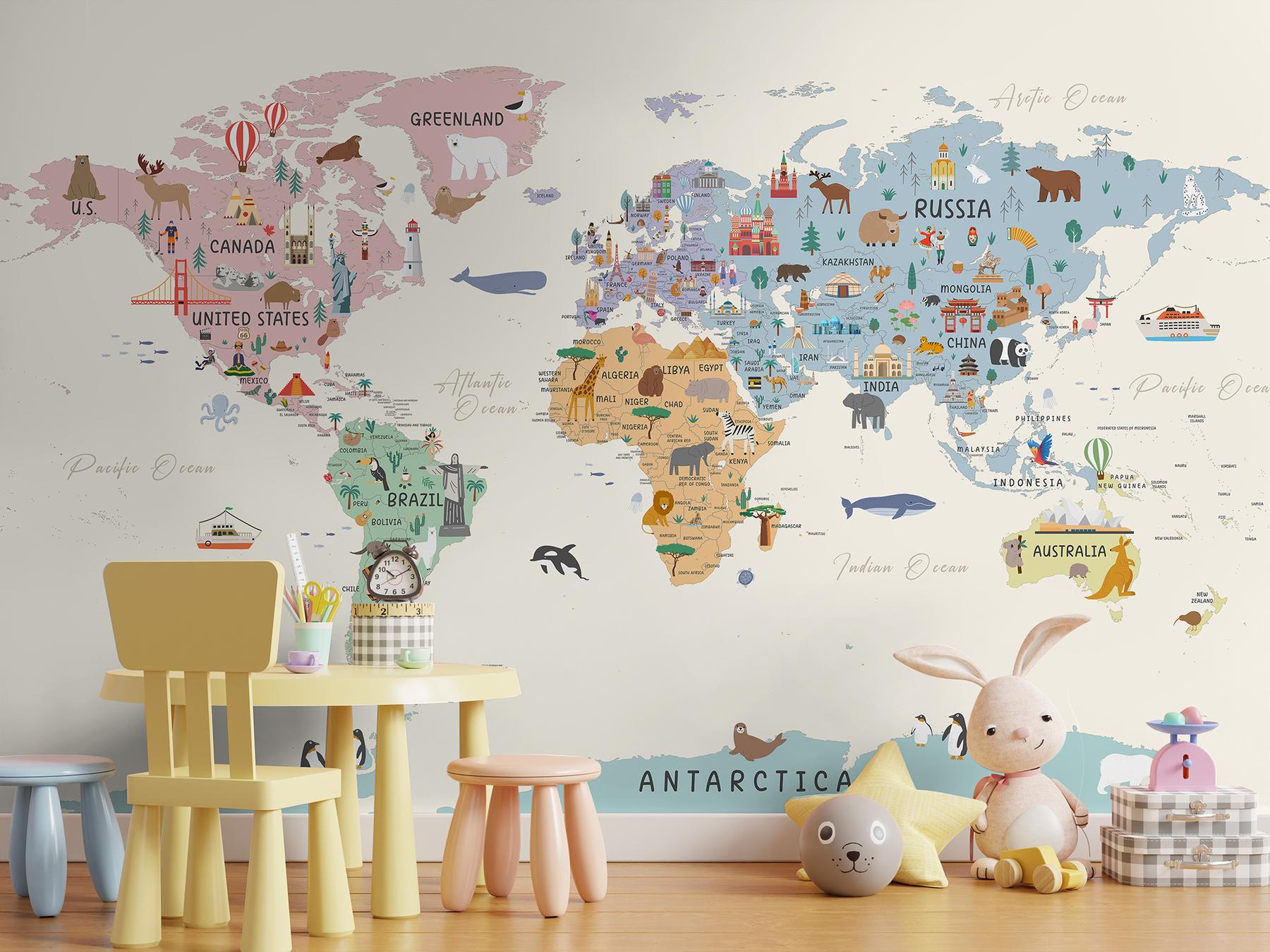 Playful World Journey Map for Kids Wallpaper Mural
