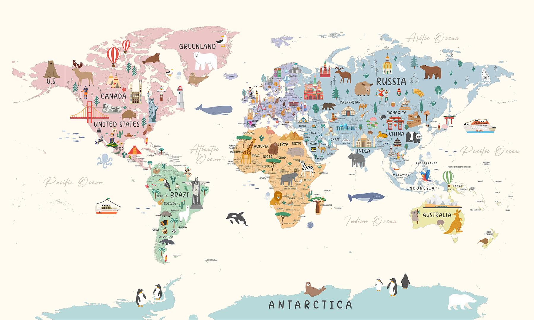 Playful World Journey Map for Kids Wallpaper Mural