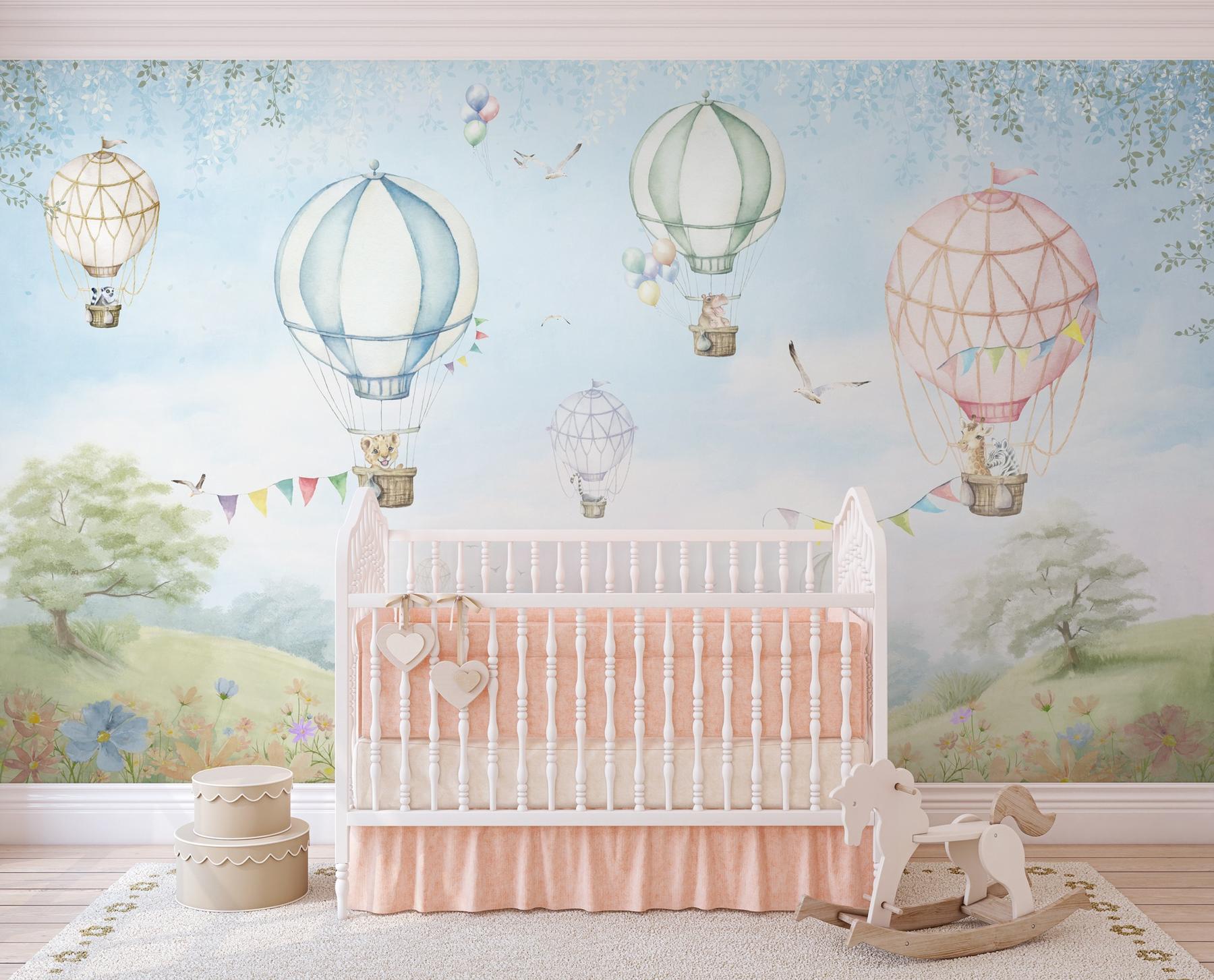 Cute Hot Air Balloon and Animals Wallpaper Mural