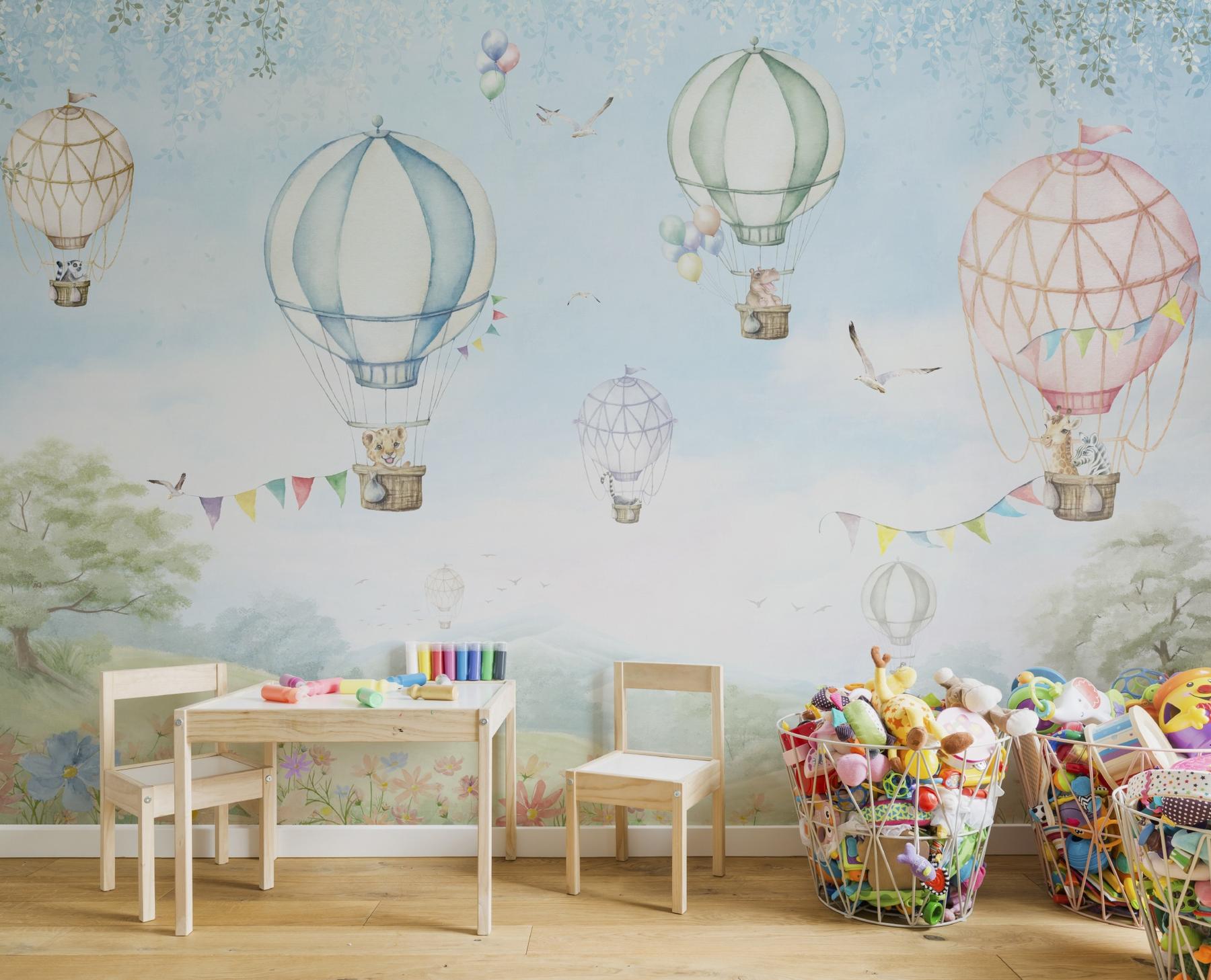 Cute Hot Air Balloon and Animals Wallpaper Mural