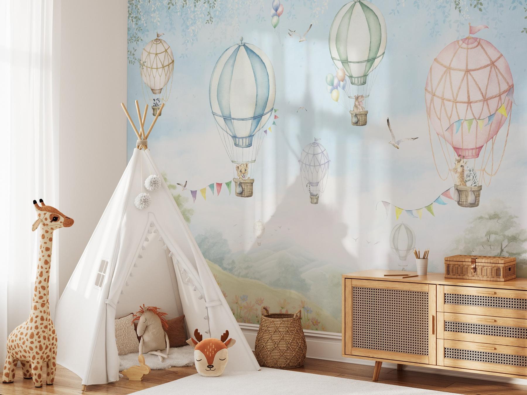 Cute Hot Air Balloon and Animals Wallpaper Mural