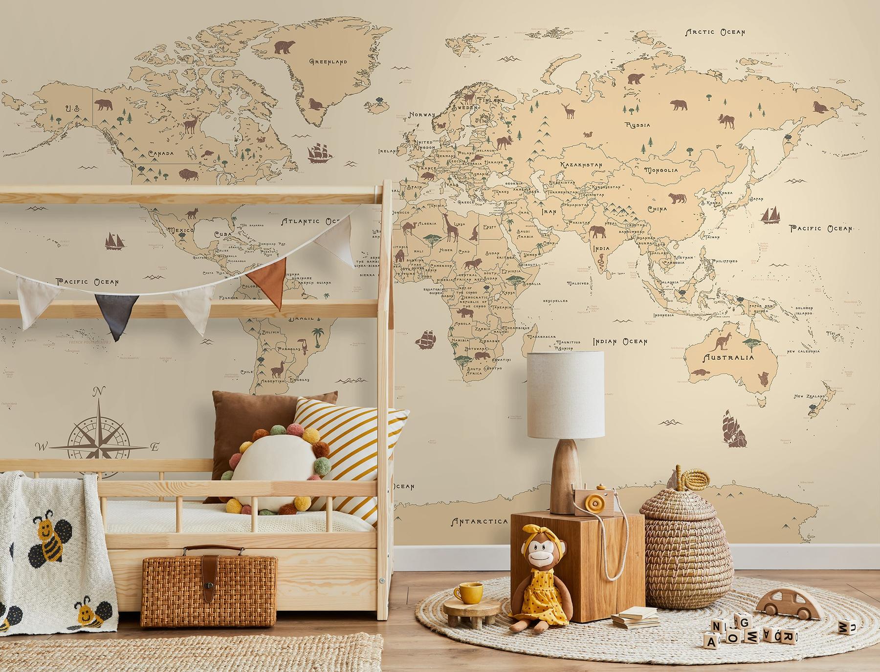 Safari Adventure World Map Kids Wallpaper Mural