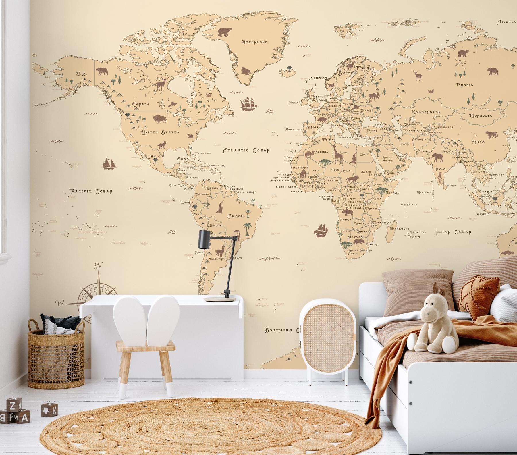 Safari Adventure World Map Kids Wallpaper Mural