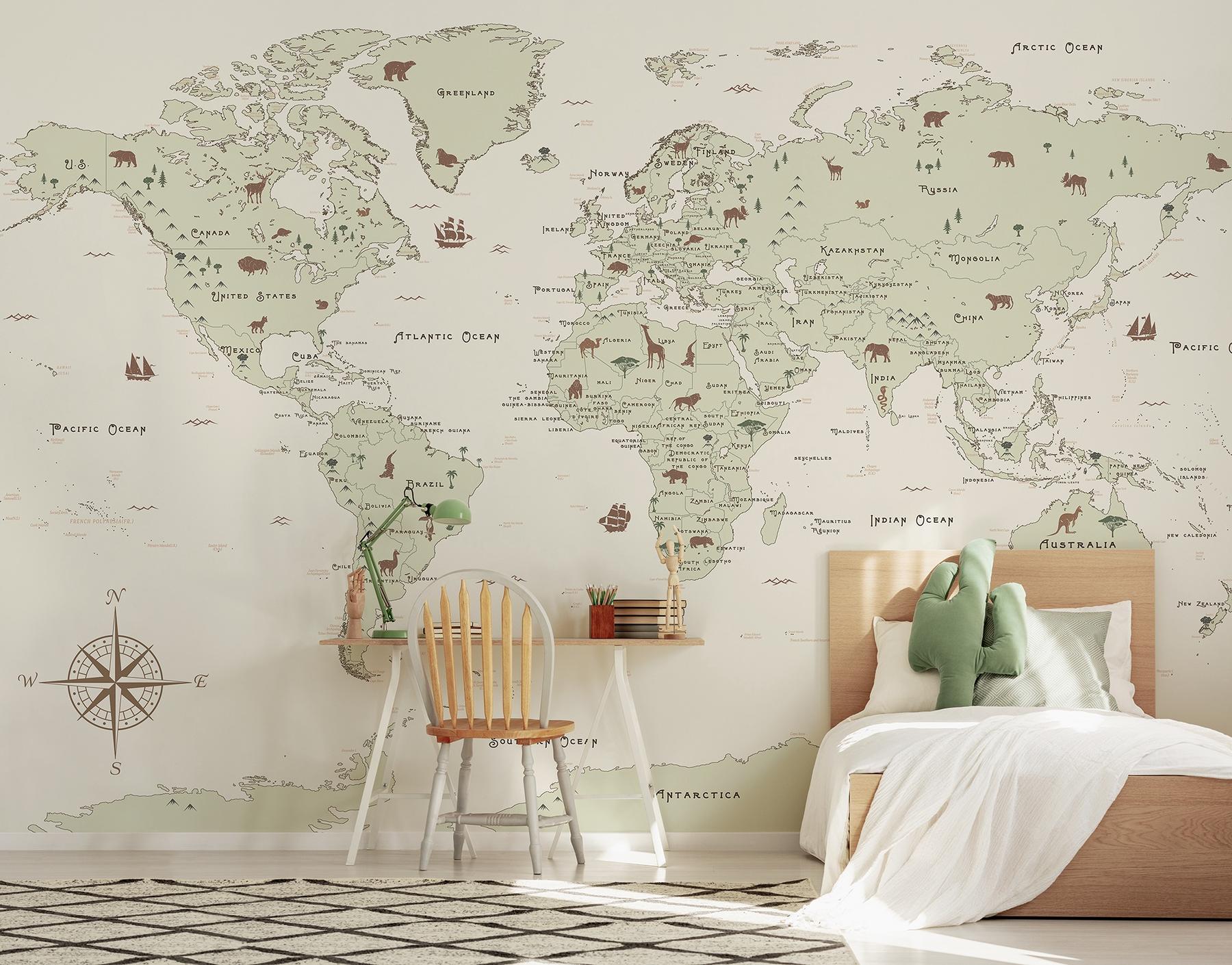 Safari Adventure World Map Kids Wallpaper Mural