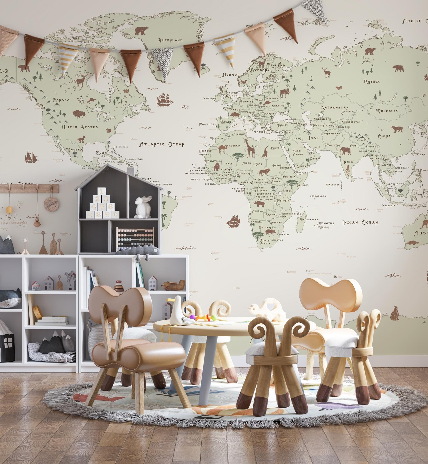 Safari Adventure World Map Kids Wallpaper Mural