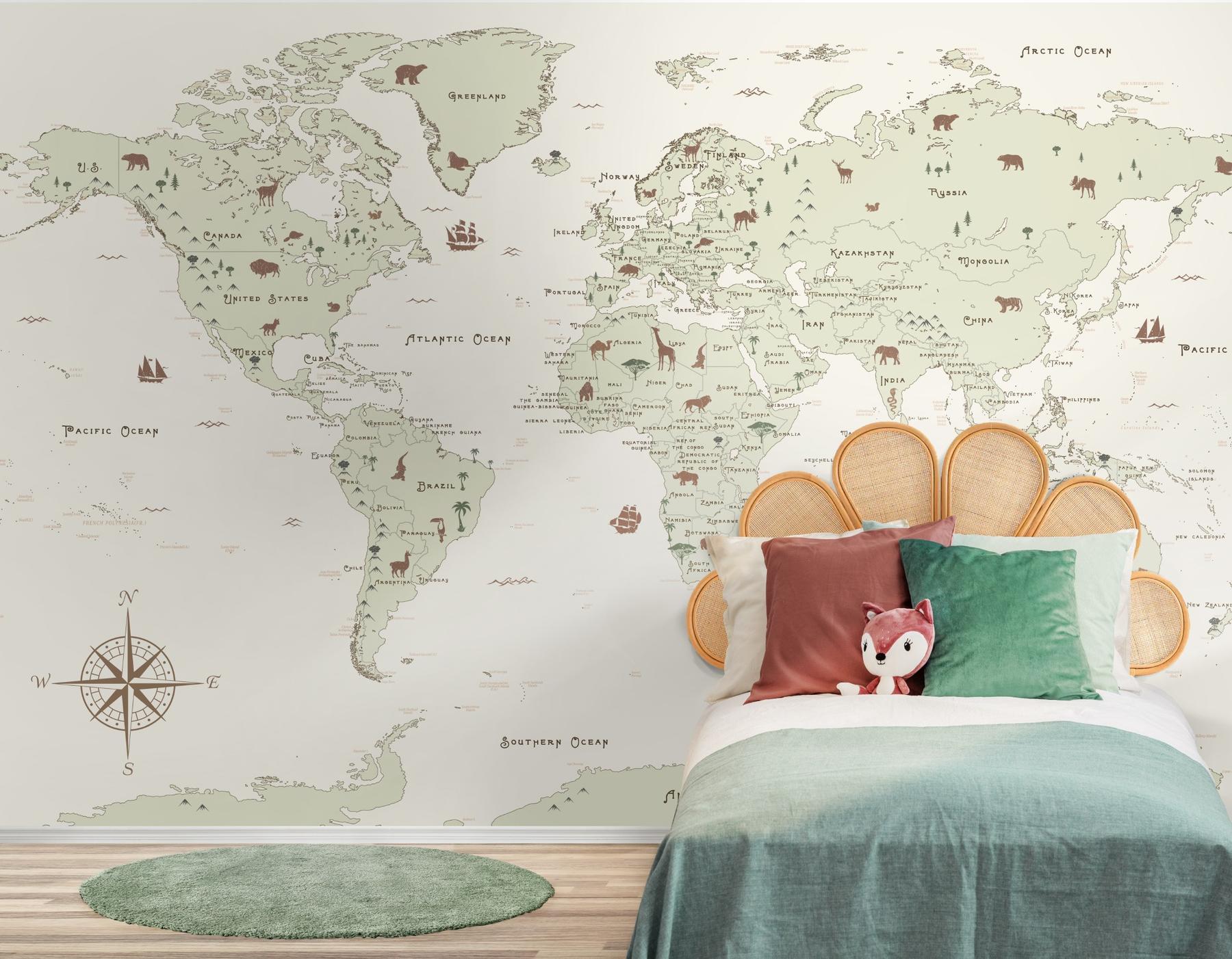 Safari Adventure World Map Kids Wallpaper Mural