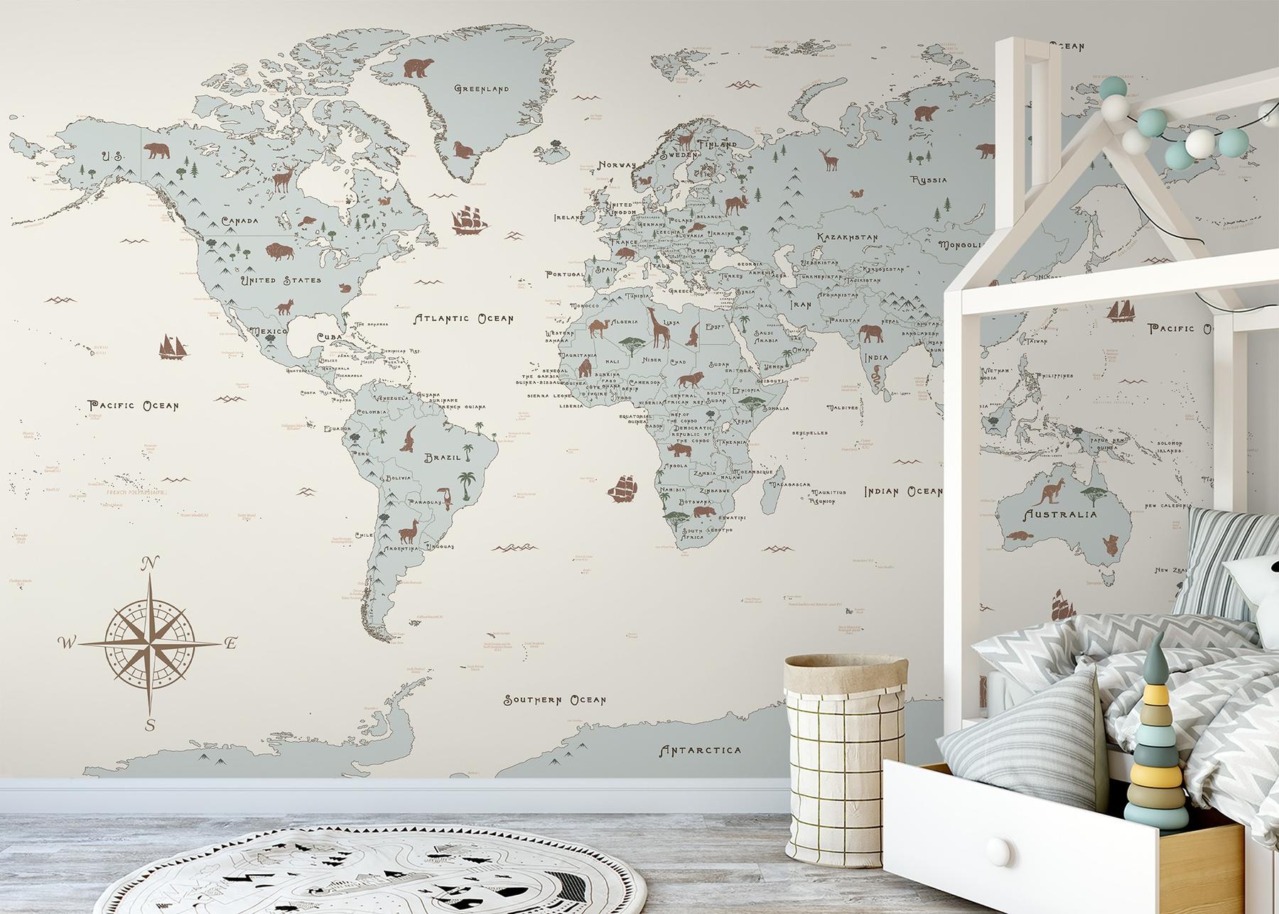 Safari Adventure World Map Kids Wallpaper Mural