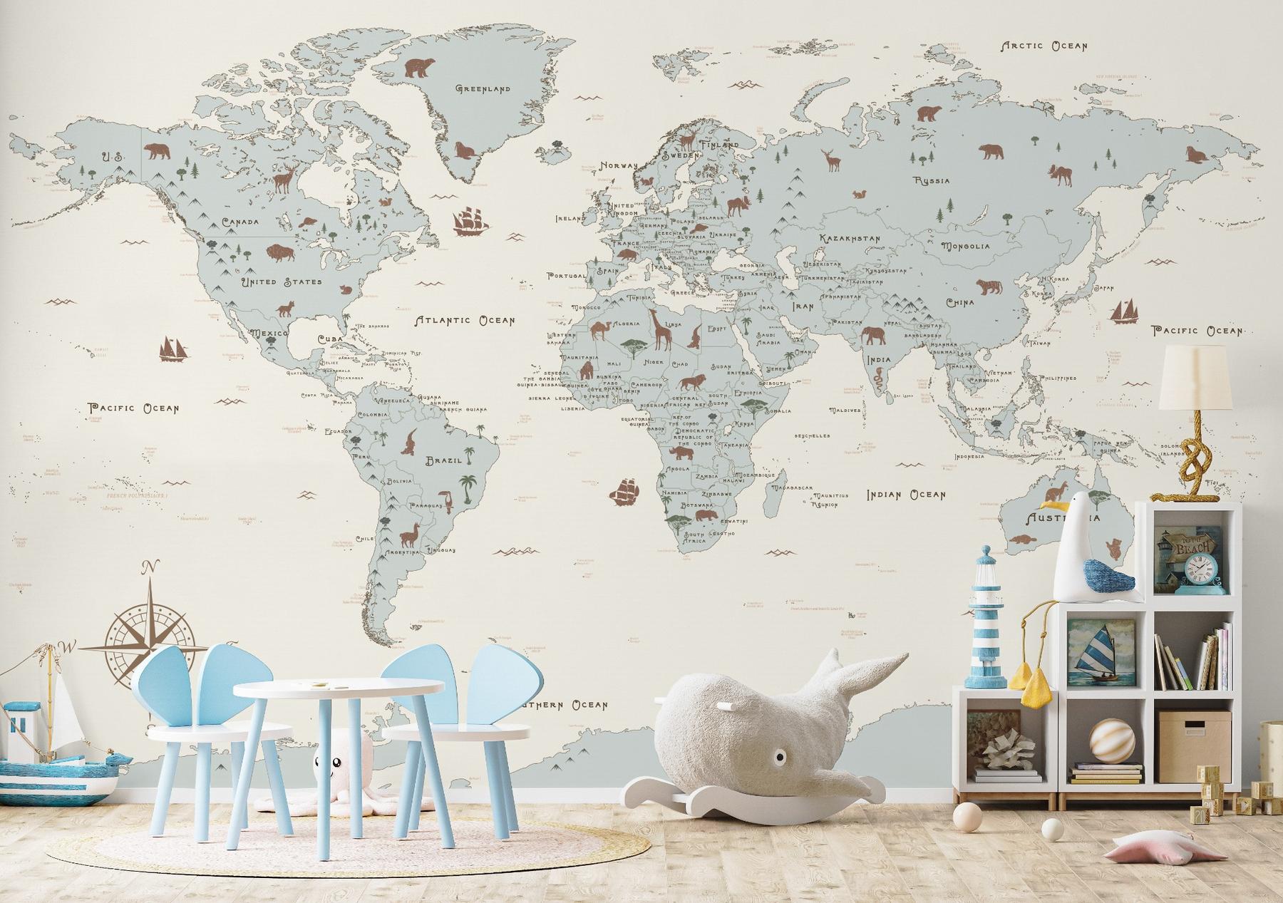 Safari Adventure World Map Kids Wallpaper Mural