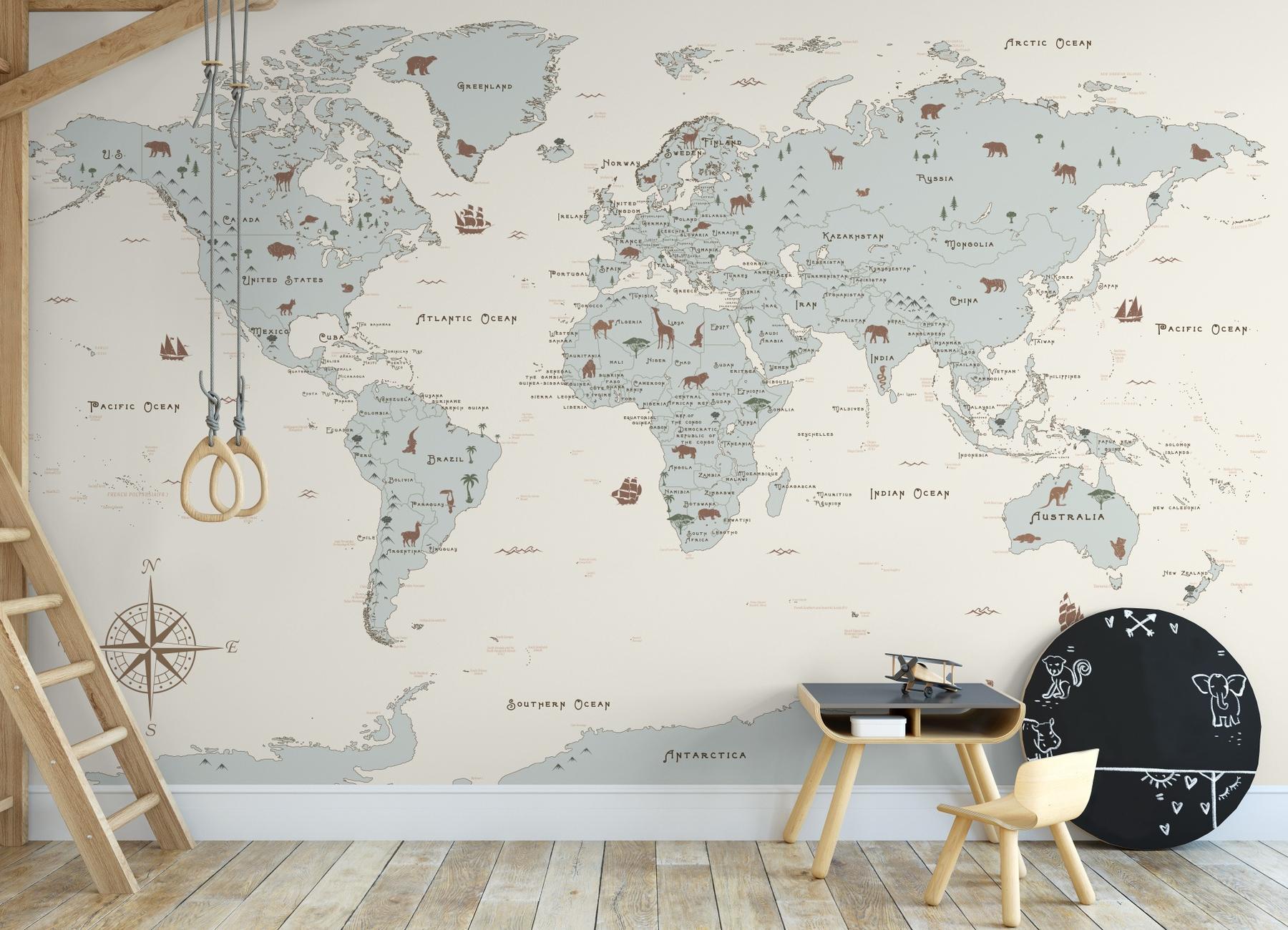 Safari Adventure World Map Kids Wallpaper Mural