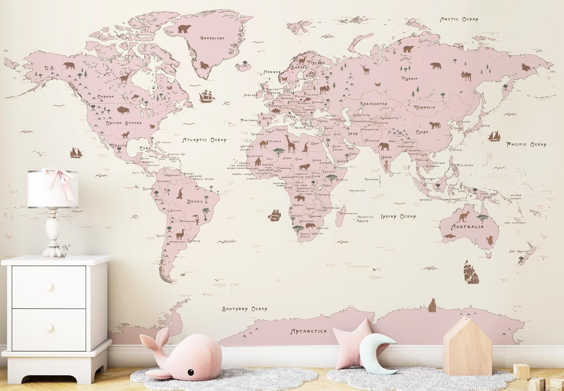 Safari Adventure World Map Kids Wallpaper Mural