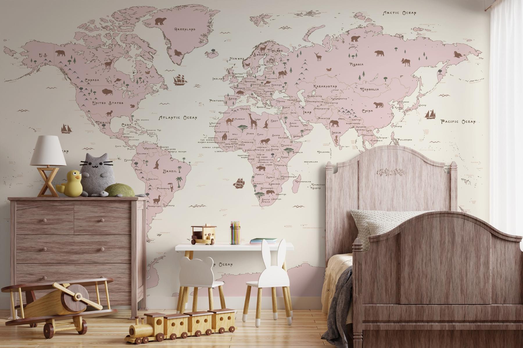 Safari Adventure World Map Kids Wallpaper Mural
