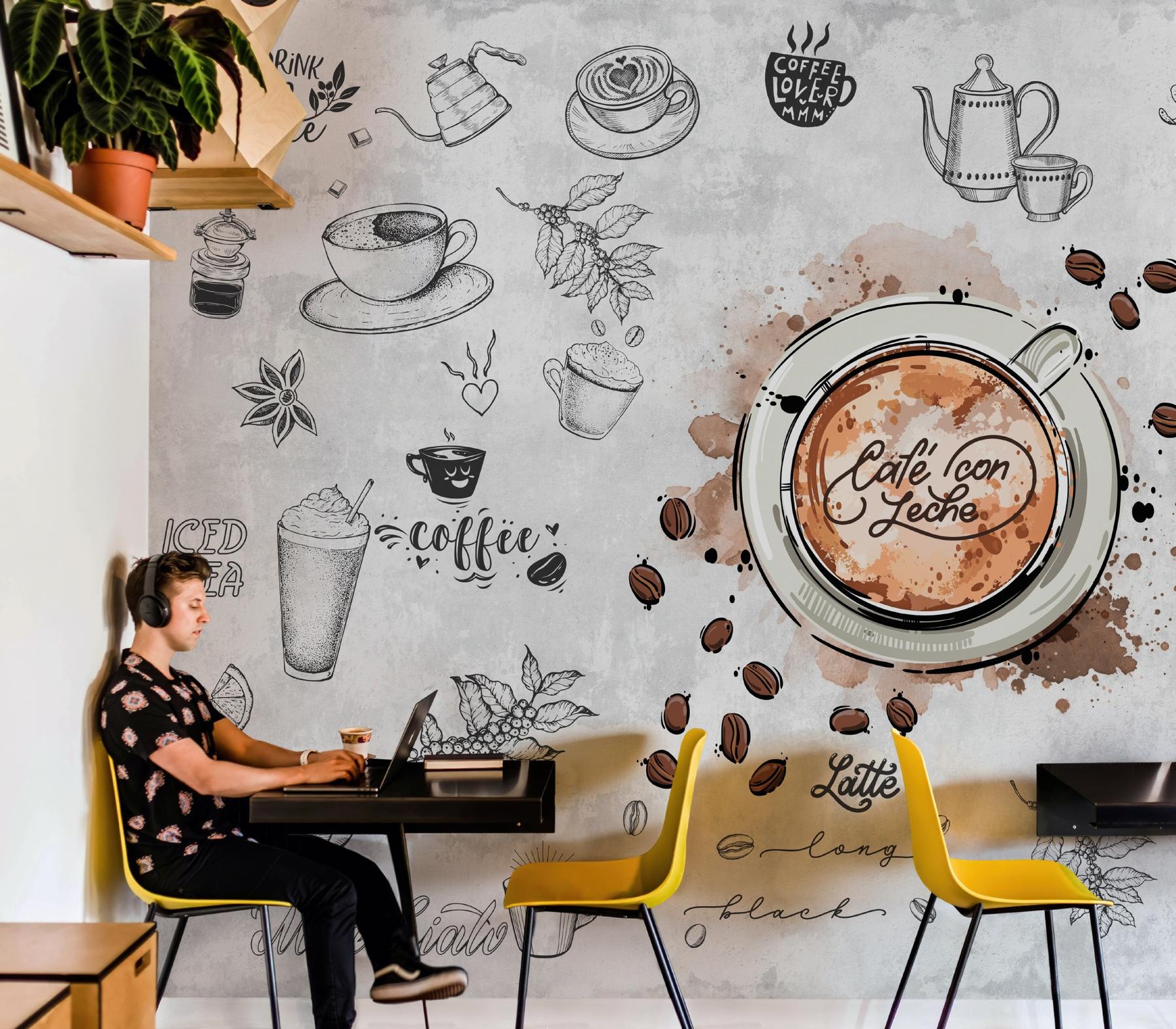 Watercolor Capuccino Art Coffee Shop Wallpaper Mural
